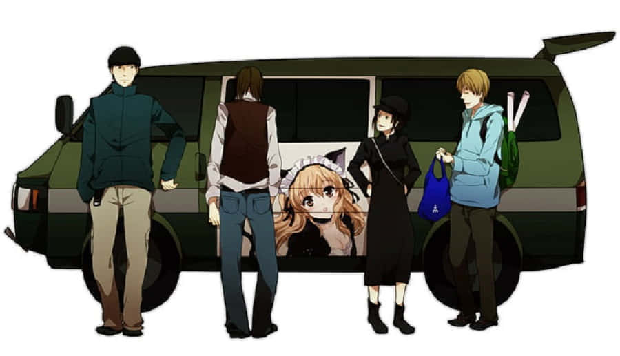 Erika Karisawa 桌布 壁紙 — 四個動漫角色站在一輛綠色廂型車周圍，車側面板上有一個金髮女孩的臉。