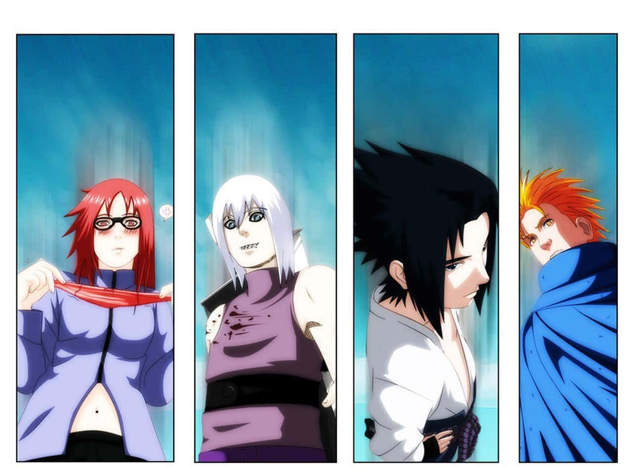 Team Taka Naruto 桌布 壁紙 — 四個動漫角色站在垂直面板上，背景為青綠色，每個角色都有不同的髮色和表情。