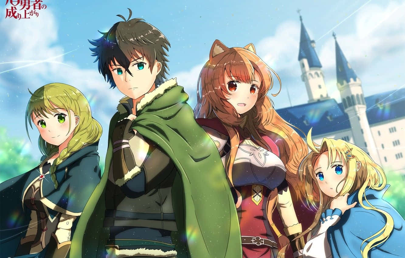 The Rising Of The Shield Hero 桌布 壁紙 — 四個動漫角色站在城堡前，背景是明亮的藍天，帶有閃爍的光效。