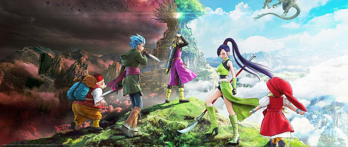 電玩遊戲 桌布 壁紙 — 四個動漫角色站在懸崖頂上，俯瞰著一個超現實的景觀，其中有浮島和天空中的一條龍。