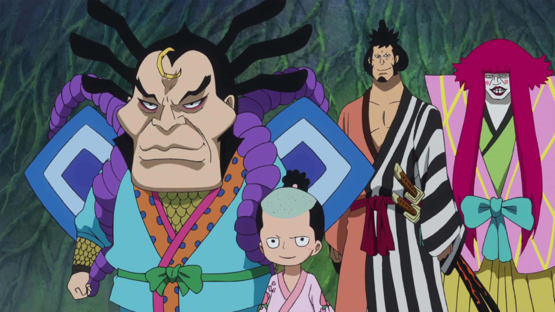 Raizo 桌布 壁紙 — 四個動漫角色站在森林中，表情強烈，穿著色彩繽紛的傳統服飾。
