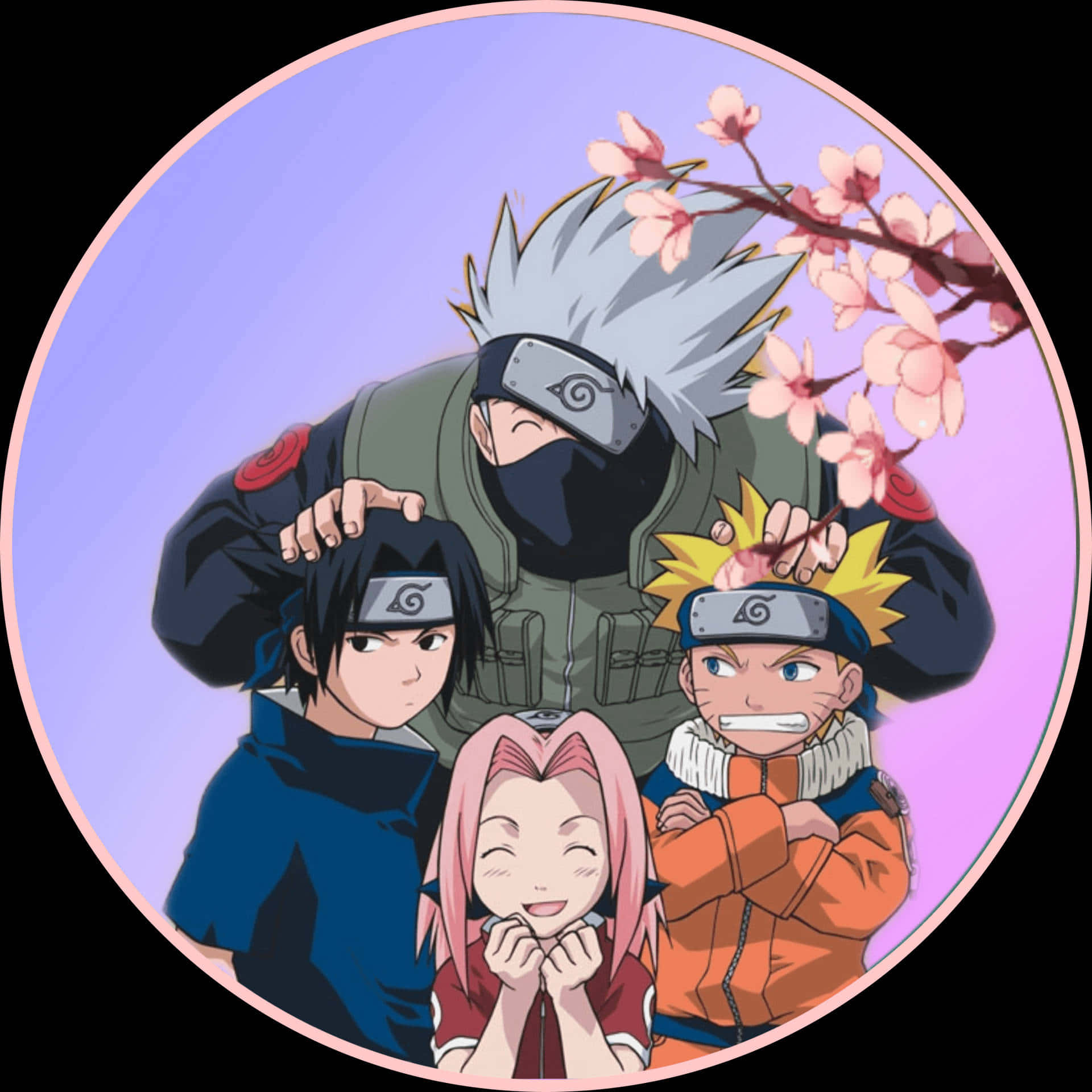 Naruto Team 7 桌布 壁紙 — 四個動漫角色站在櫻花下，背景為柔和的紫色漸變。