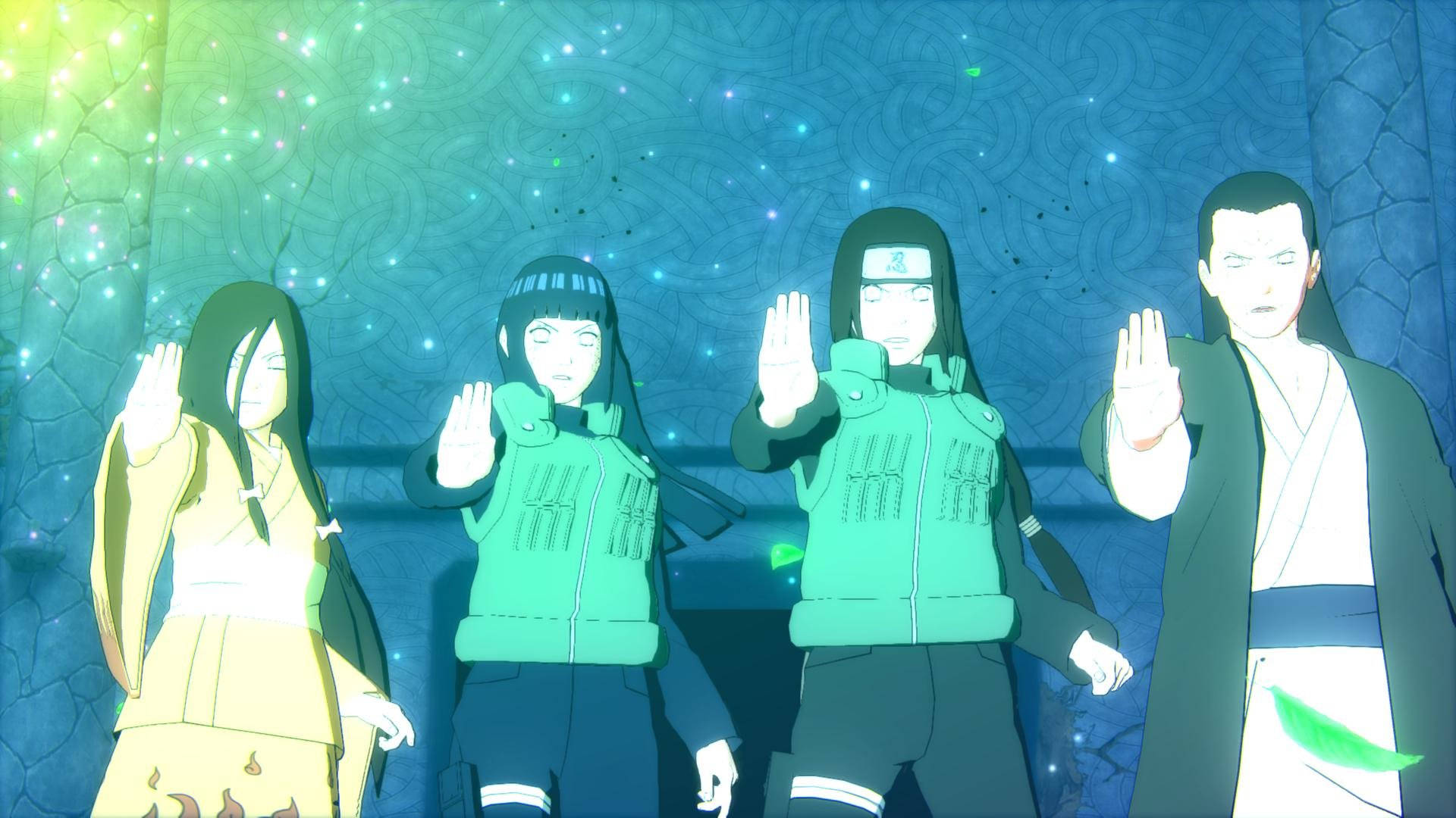 Neji 桌布 壁紙 — 四個動漫角色站在發光的洞穴中，雙手一致高舉，背景是閃閃發光的藍綠色和綠色。
