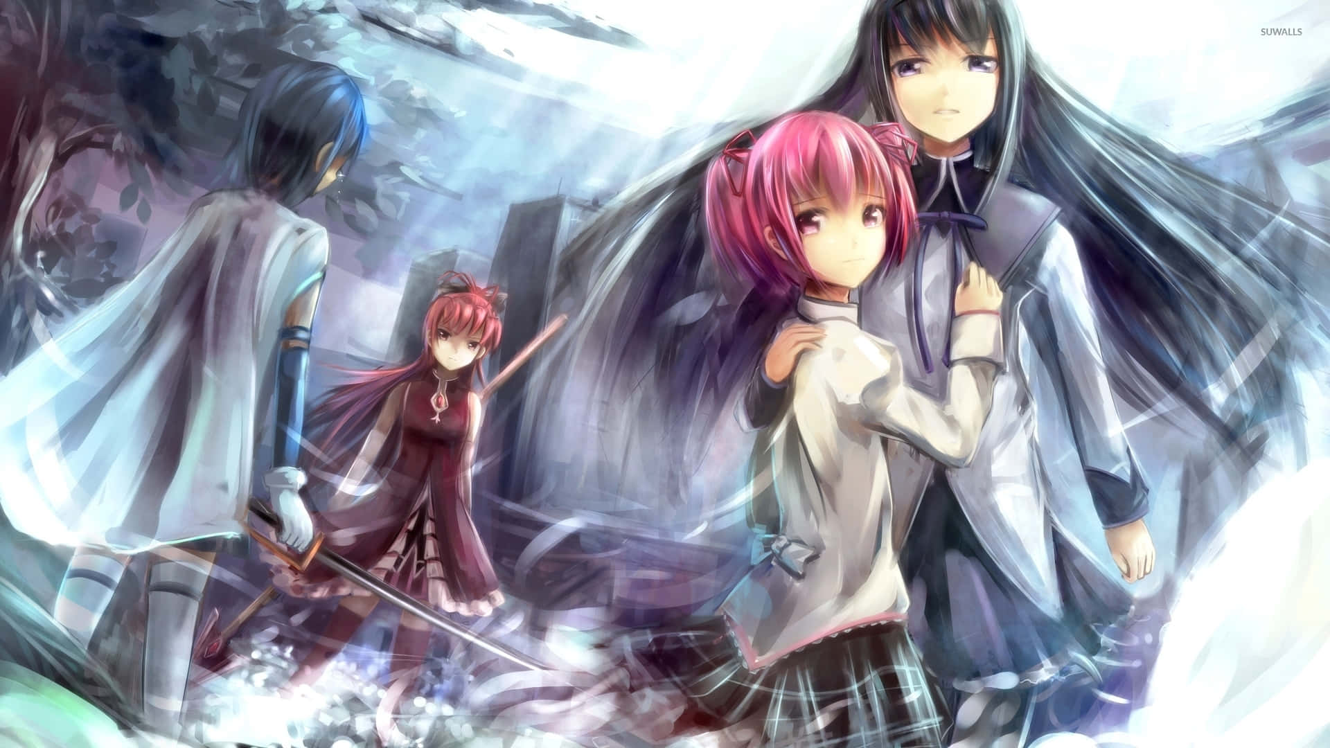 puella magi madoka magica 桌布 壁紙 — 四個動漫角色站在迷霧繚繞、空靈的森林中，伴隨著旋轉的光線和戲劇性的姿勢。