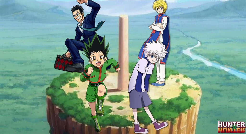 Shonen Anime 桌布 壁紙 — 四個動漫角色站在長滿青草的懸崖上，俯瞰蜿蜒的河流和遠山，天空晴朗。