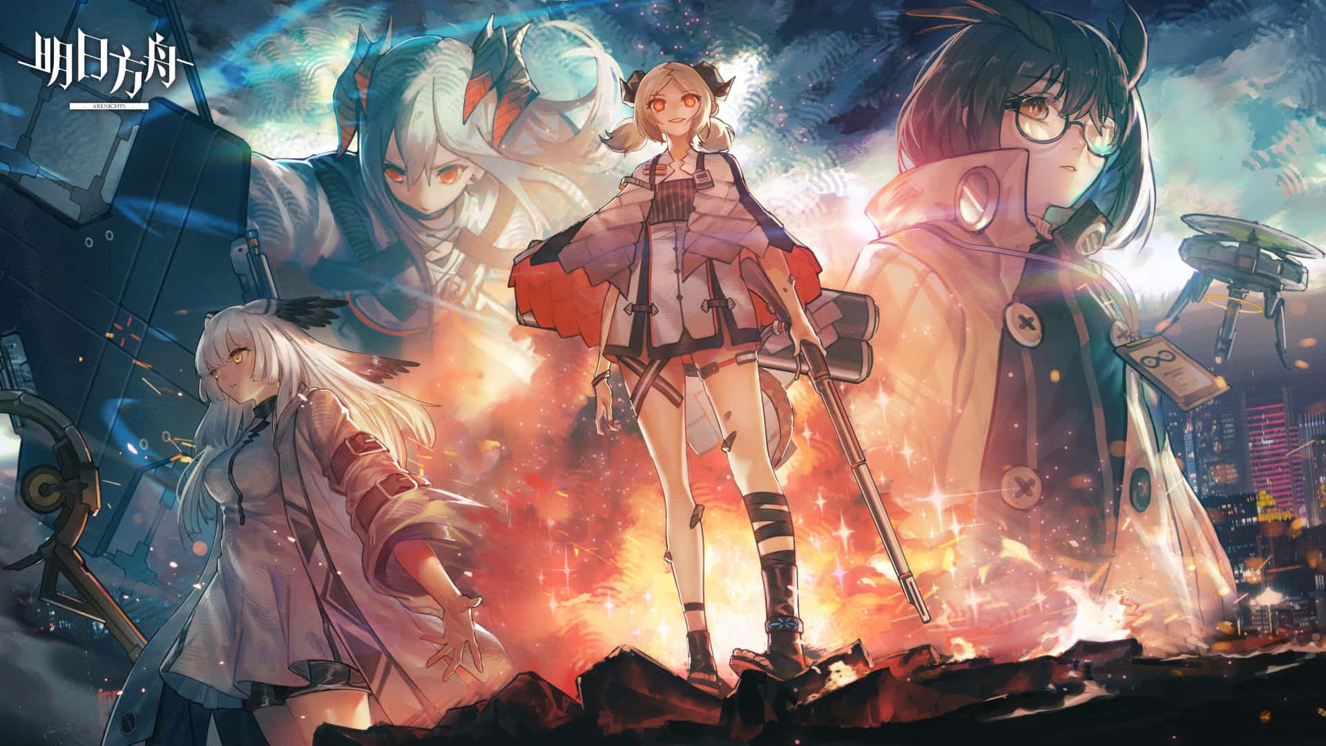 Arknights 4K 桌布 壁紙 — 四個動漫角色站在風暴天空下的火熱爆炸和未來機器中。