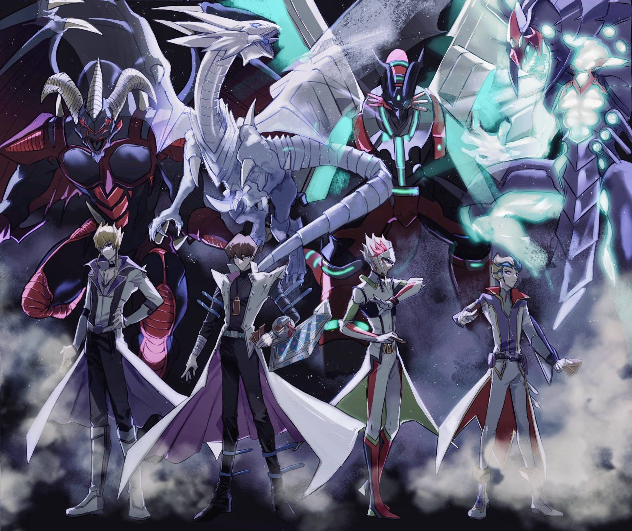 kaiba 桌布 壁紙 — 四個動漫角色站在黑暗煙霧彌漫的戰場上，面對高聳的機械巨龍。