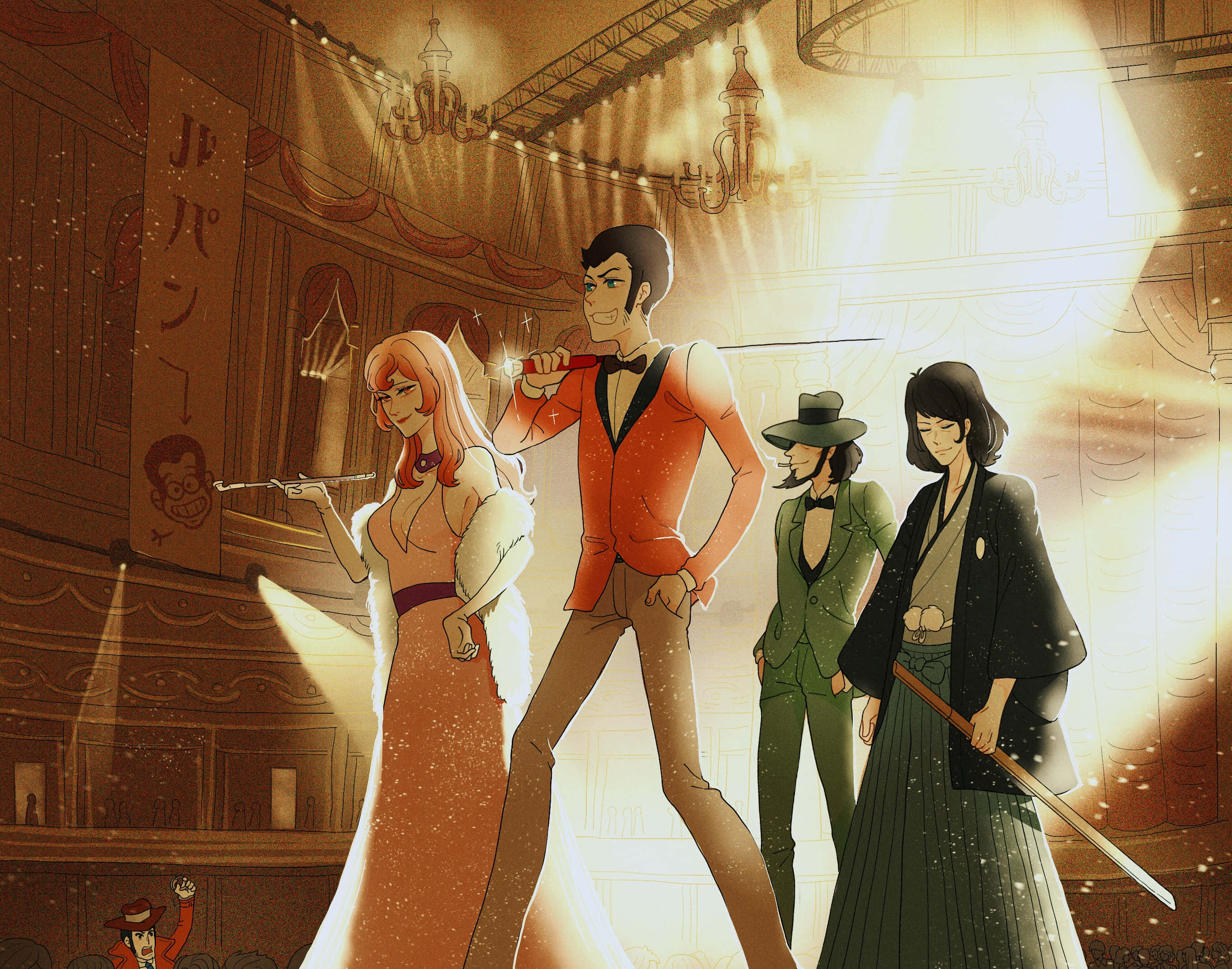 Goemon Ishikawa Xiii 桌布 壁紙 — 四個動漫角色自信地站在一個溫暖照明的劇院中，有金色光束和日文標誌。