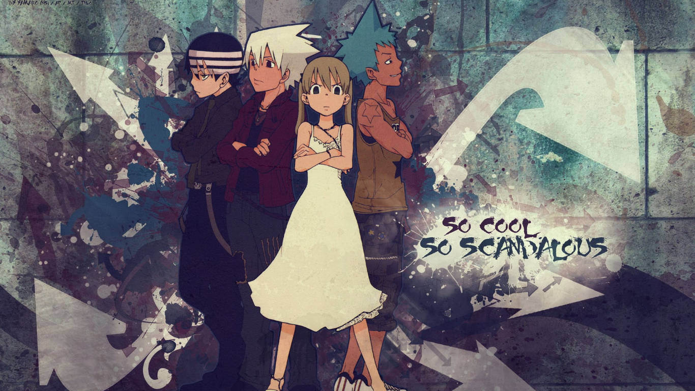 Soul Eater Characters 桌布 壁紙 — 四個動漫角色自信地站在一面塗鴉牆前，牆上有大膽的箭頭和飛濺效果。