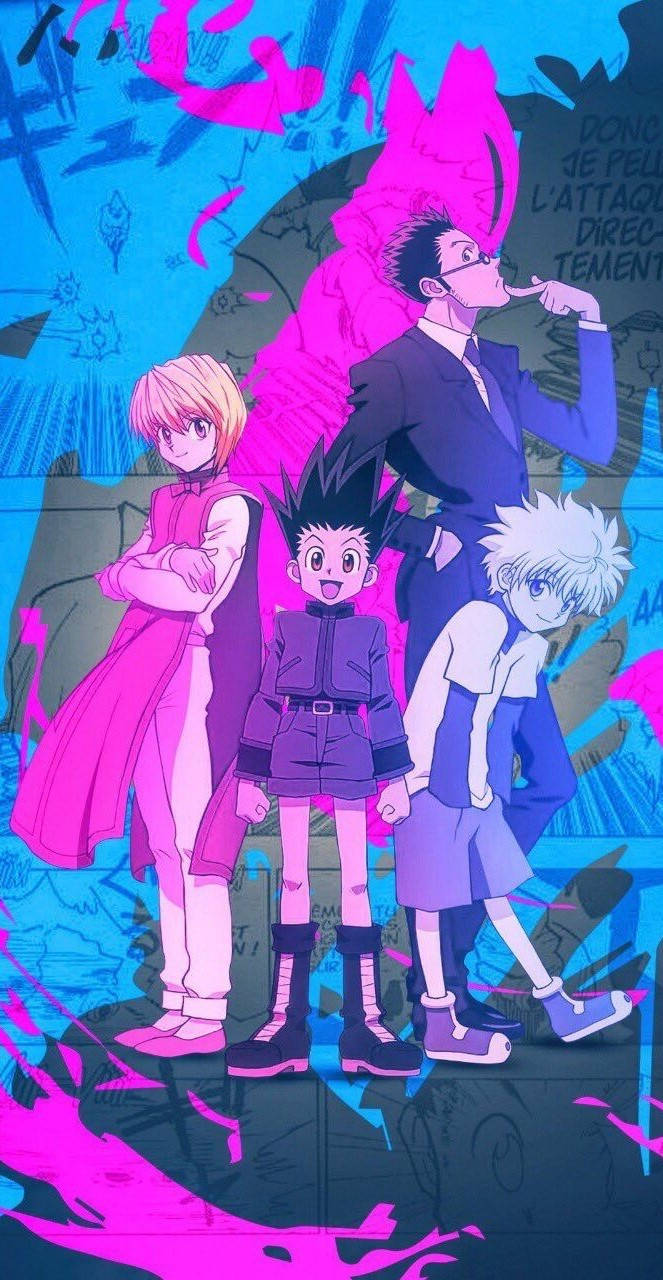 Hunter X Hunter iPhone 桌布 壁紙 — 四個動漫角色自信地站在充滿活力的藍色和粉紅色塗鴉風格背景前，帶有漫畫文字。