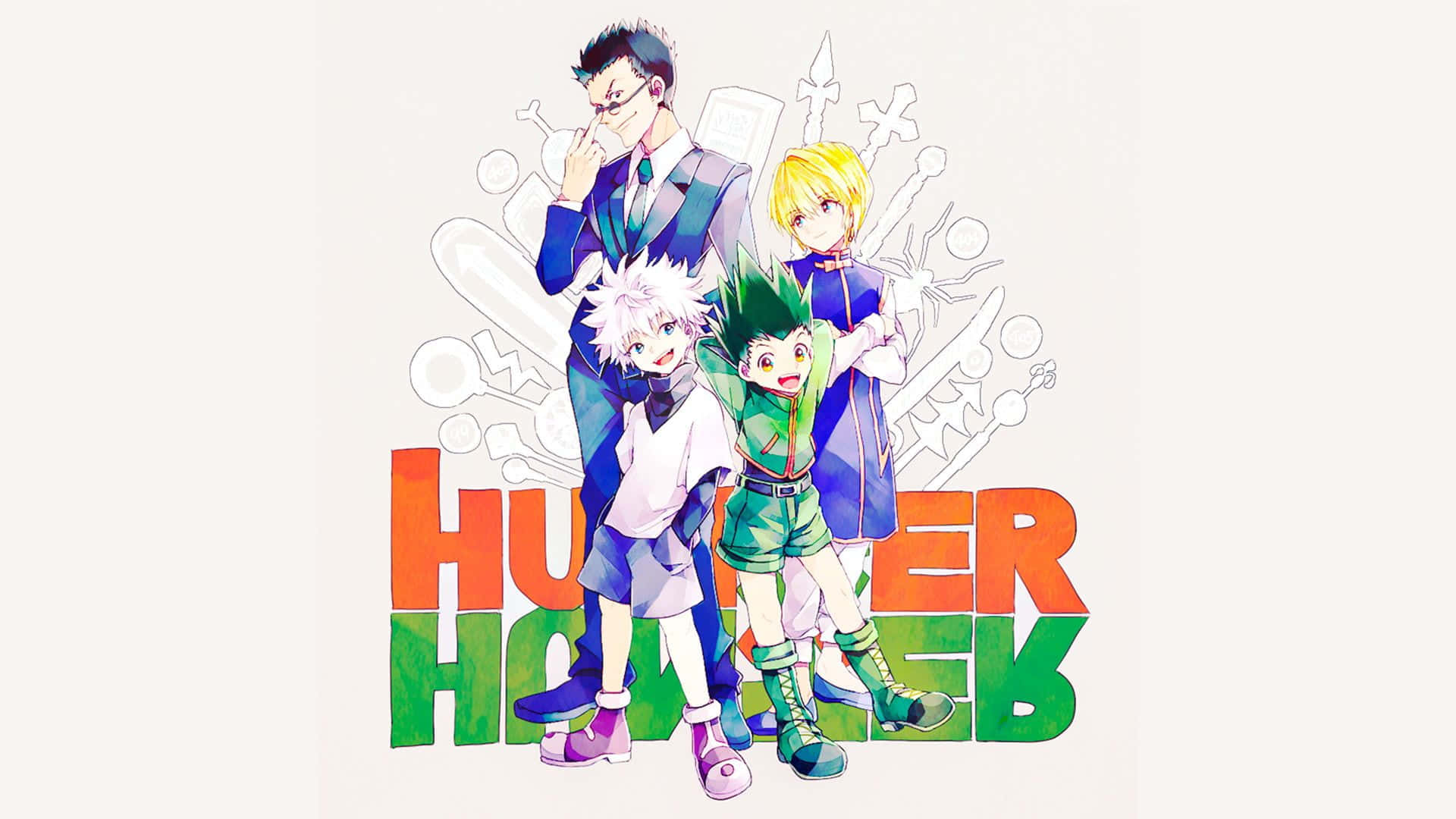 Leorio Paradinight 桌布 壁紙 — 四個動漫角色自信地站在大膽色彩繽紛的「HUNTER x HUNTER」文字後面，周圍漂浮著風格化的武器圖標。