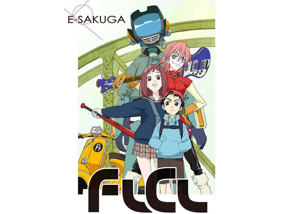 Flcl 桌布 壁紙 — 四個動漫角色與機器人和滑板車站在綠色橋樑結構下。