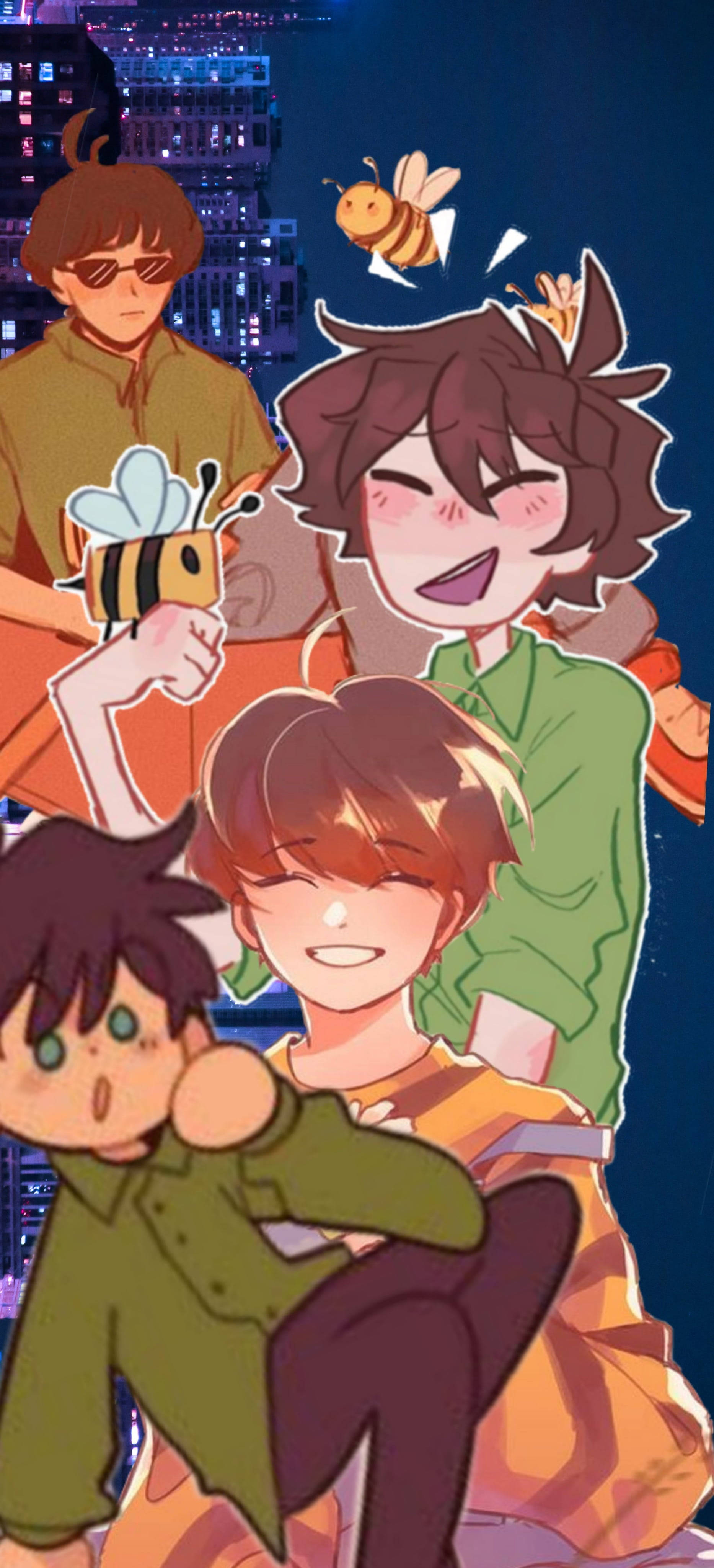 藝術 桌布 壁紙 — 四個動漫角色與蜜蜂在充滿活力的夜間城市景觀中，身後有發光的建築物。