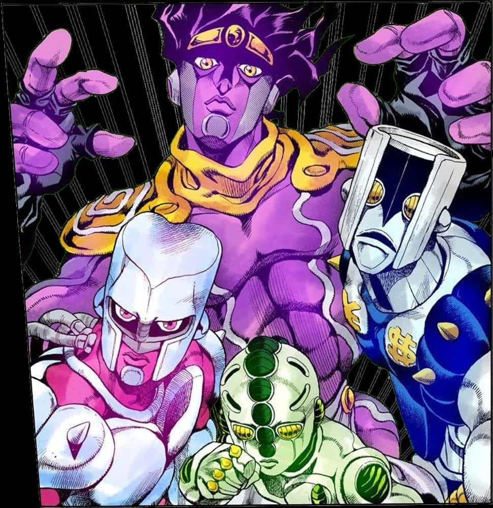 Star Platinum 桌布 壁紙 — 四個動漫角色身穿大膽的紫色、綠色和藍色盔甲，在黑暗背景下擺出動態漫畫姿勢。