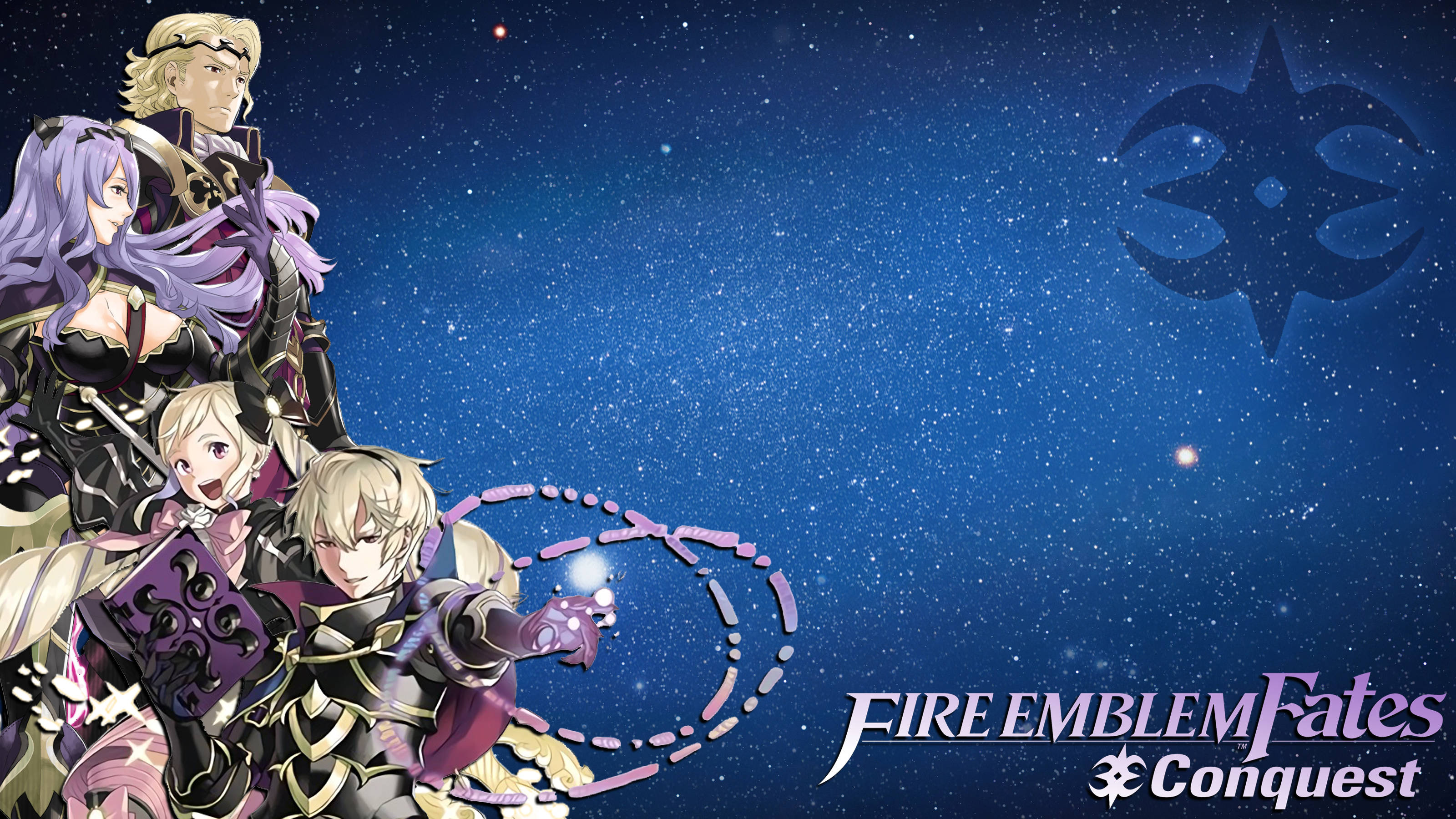 Fire Emblem 桌布 壁紙 — 四個動漫角色身穿奇幻盔甲，在星空夜空下站立，帶有發光標誌和遊戲標題。