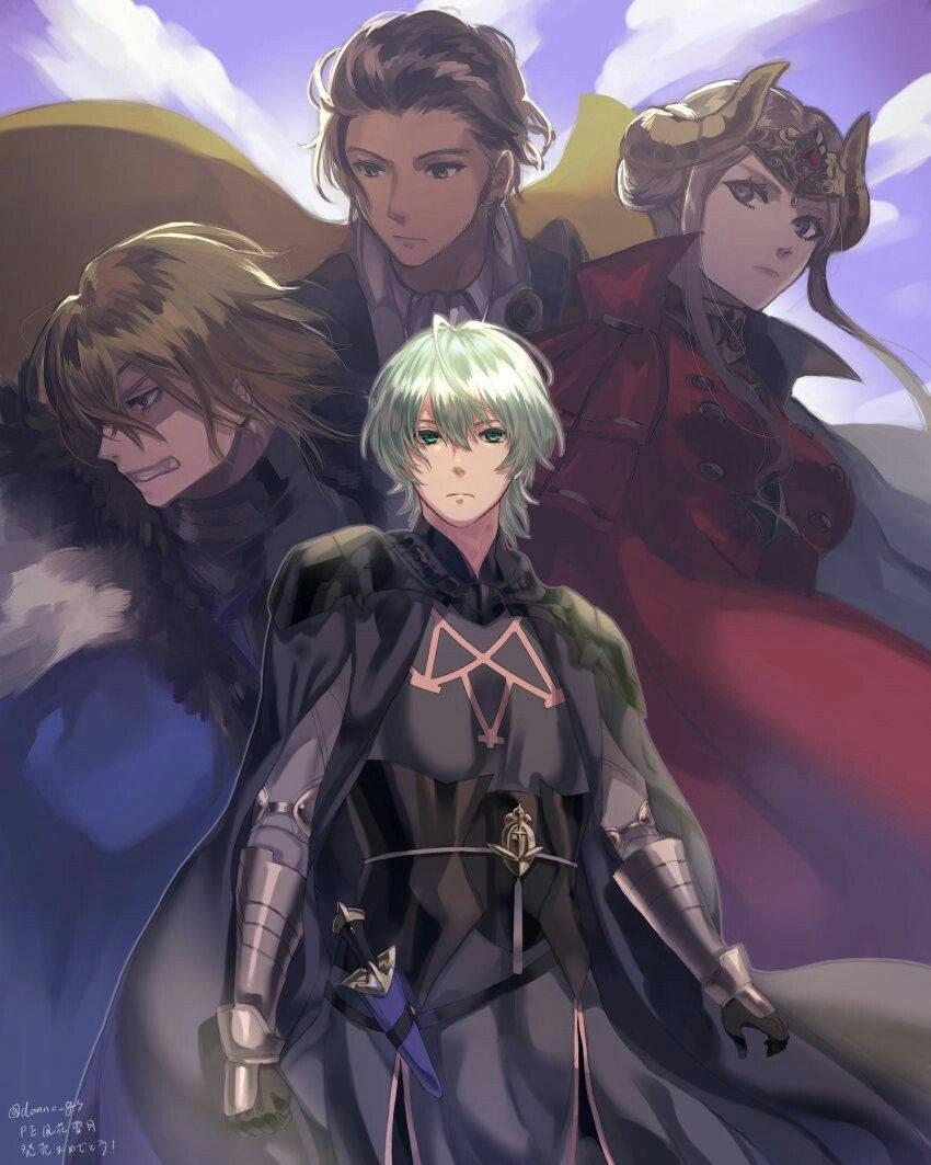 Fire Emblem Three Houses 桌布 壁紙 — 四個動漫角色身穿奇幻盔甲，站在紫色天空下，背後有雲朵和金色光芒。