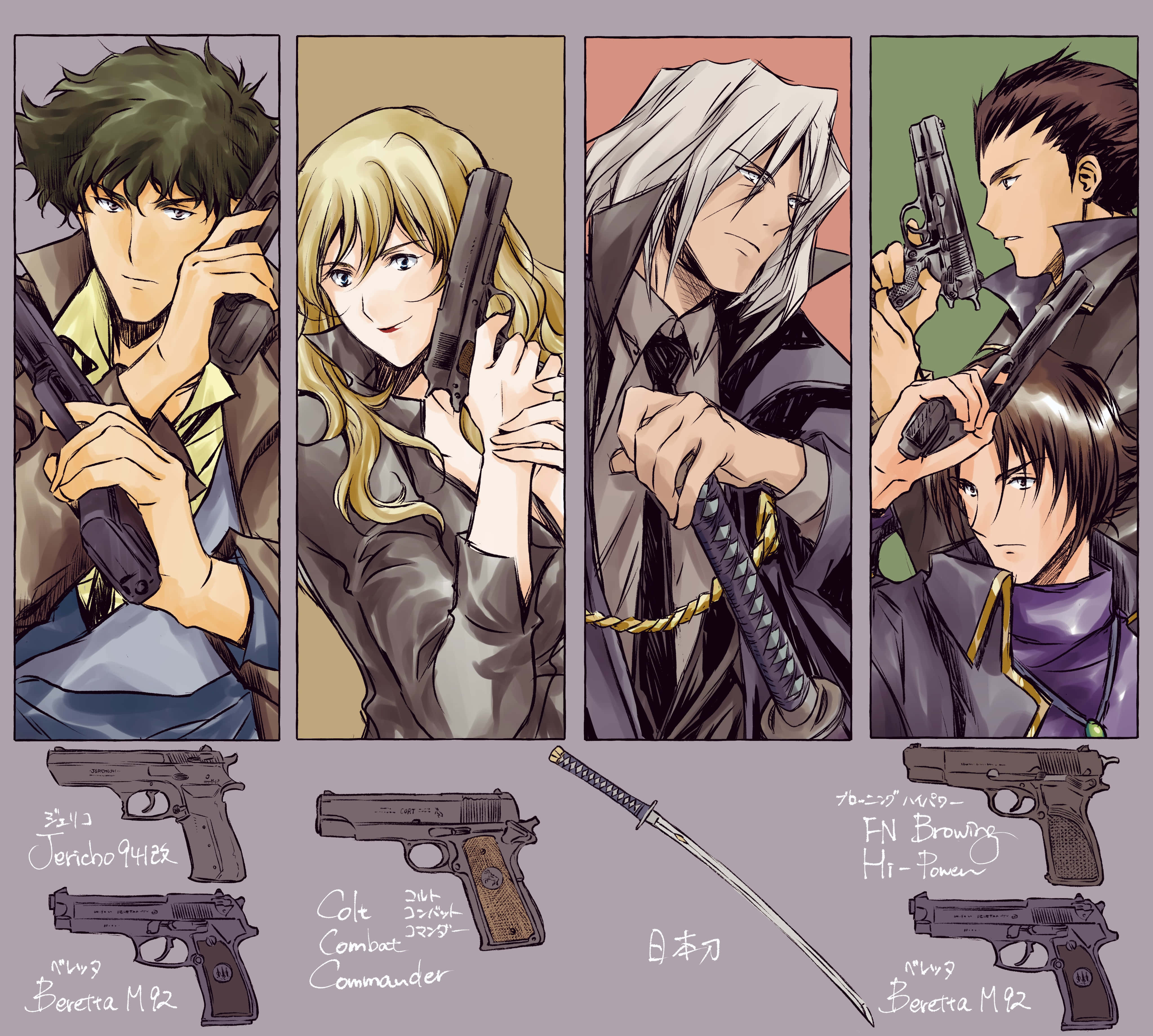 Cowboy Bebop Vicious 桌布 壁紙 — 四個動漫角色身穿戰術裝備，在柔和背景前手持槍械，下方有詳細的武器示意圖。