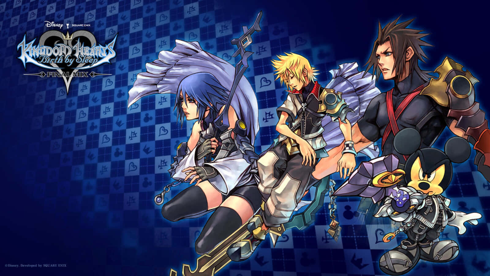 Kingdom Hearts Terra 桌布 壁紙 — 四個動漫角色身穿戰鬥裝備，在藍色格子背景和遊戲標誌前動態擺姿勢。