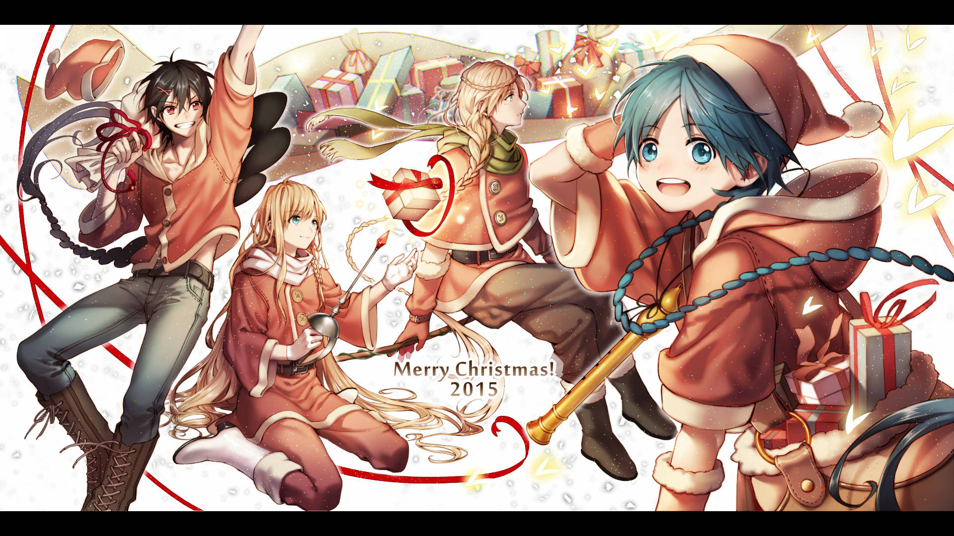 magi the labyrinth of magic 桌布 壁紙 — 四個動漫角色身穿節日紅色服裝，在雪景背景下與禮物和閃光一起歡樂慶祝聖誕節。