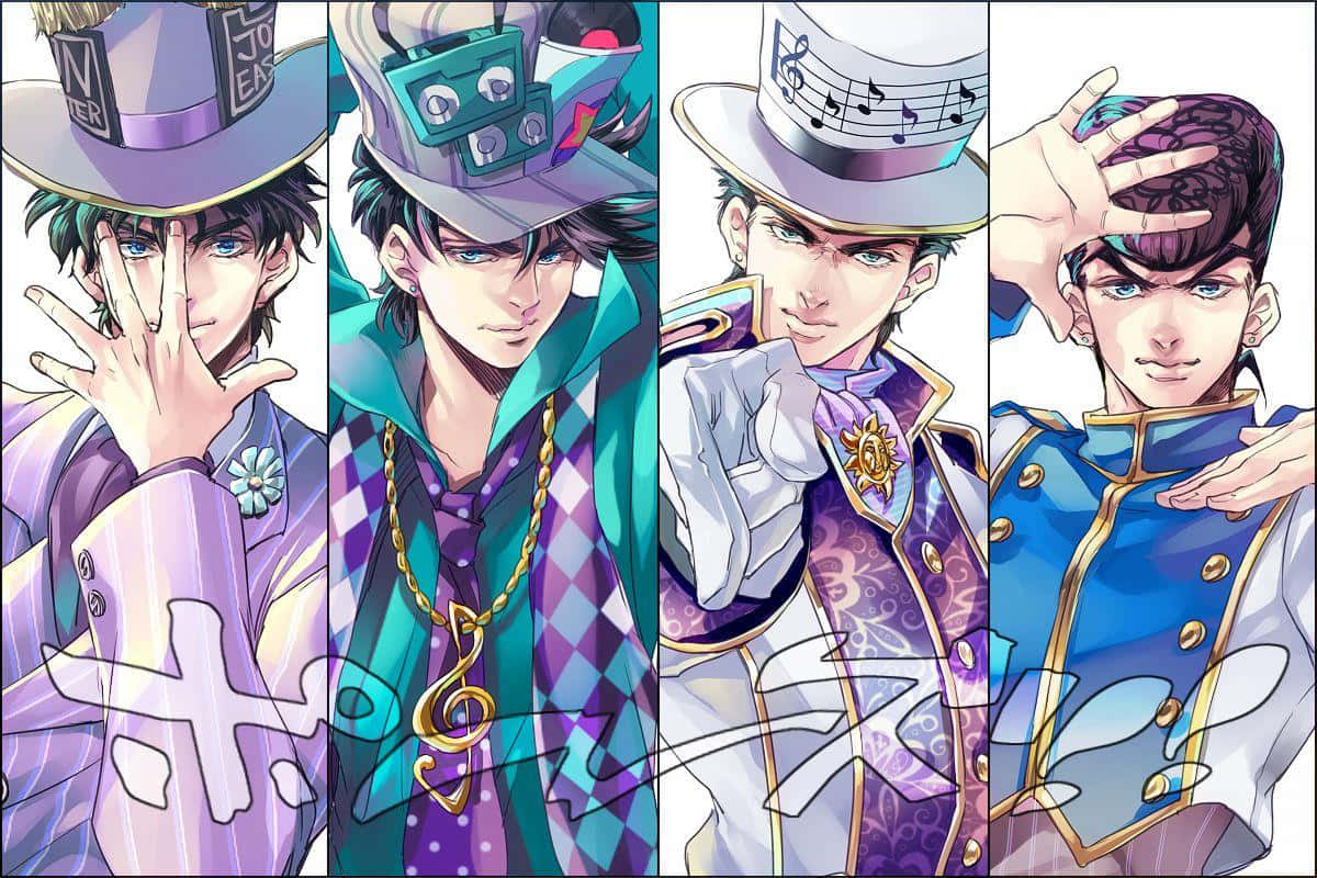 Jonathan Joestar 桌布 壁紙 — 四個動漫角色身穿精緻服裝，自信地擺出姿勢，帶有音樂主題和鮮豔的紫色、藍綠色和藍色配色。