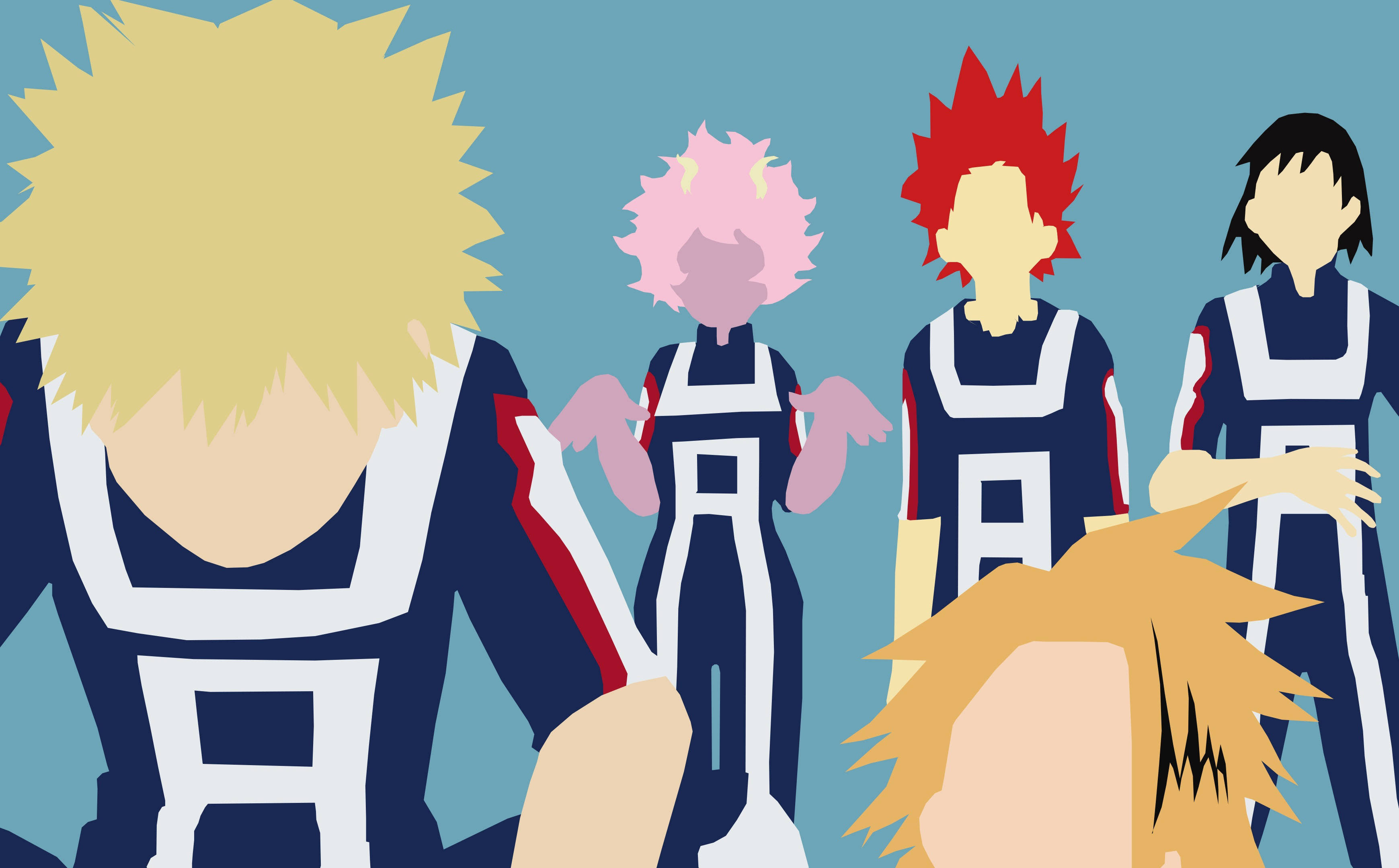 Bakusquad 桌布 壁紙 — 四個動漫角色身穿藍白英雄制服，擁有尖刺彩色頭髮，站在純青色背景前。