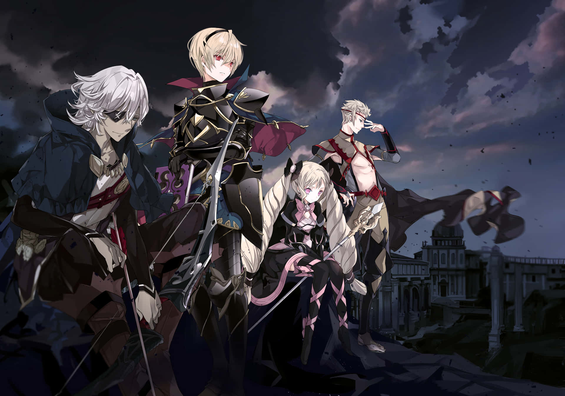 四個動漫角色身穿黑暗奇幻裝備，在風暴天空下的廢墟屋頂上。 — Fire Emblem Warriors 壁紙