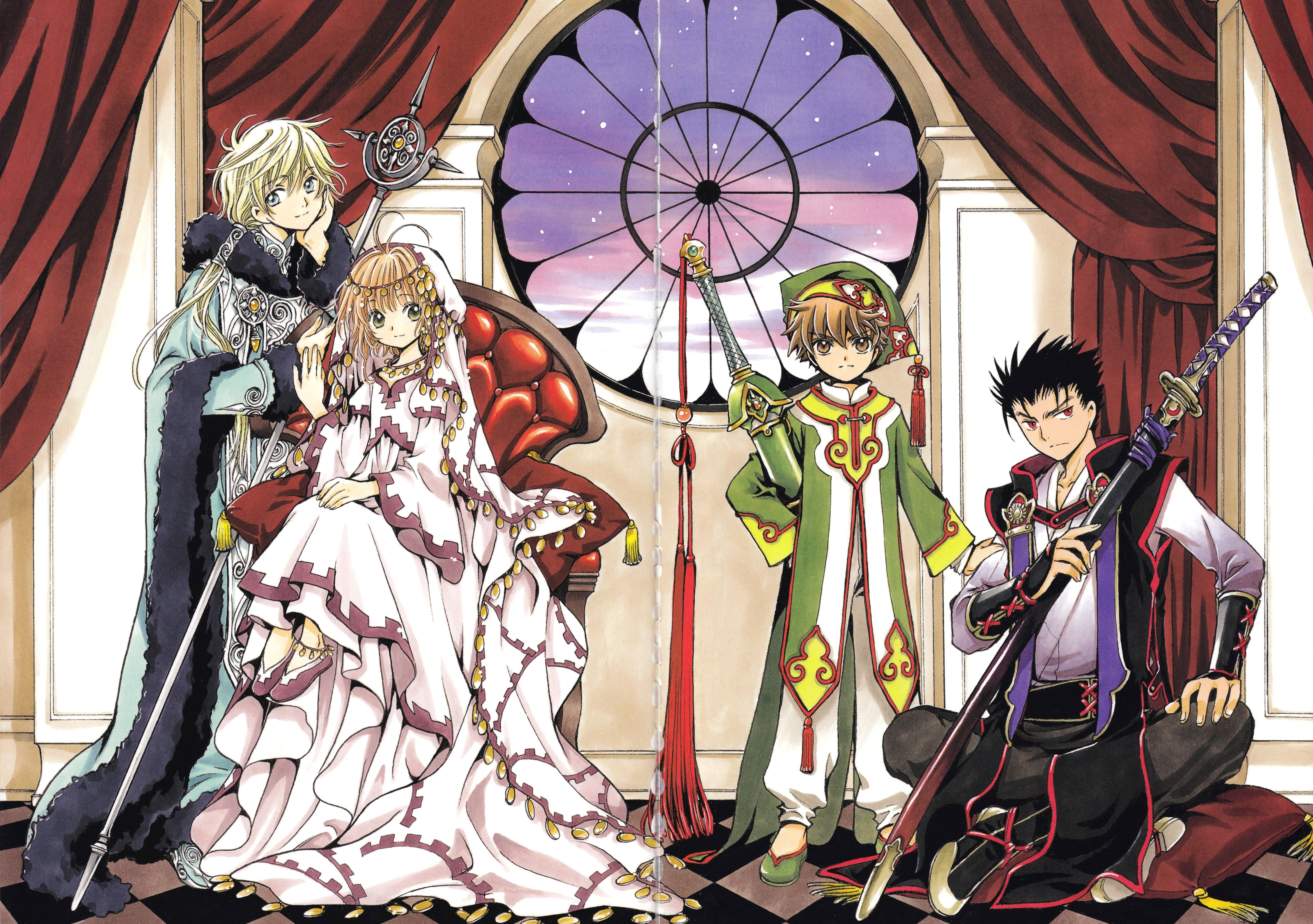 tsubasa reservoir chronicle 桌布 壁紙 — 四個動漫角色身著華麗服裝，在紅色窗簾的彩繪玻璃窗前戲劇性地擺姿勢。