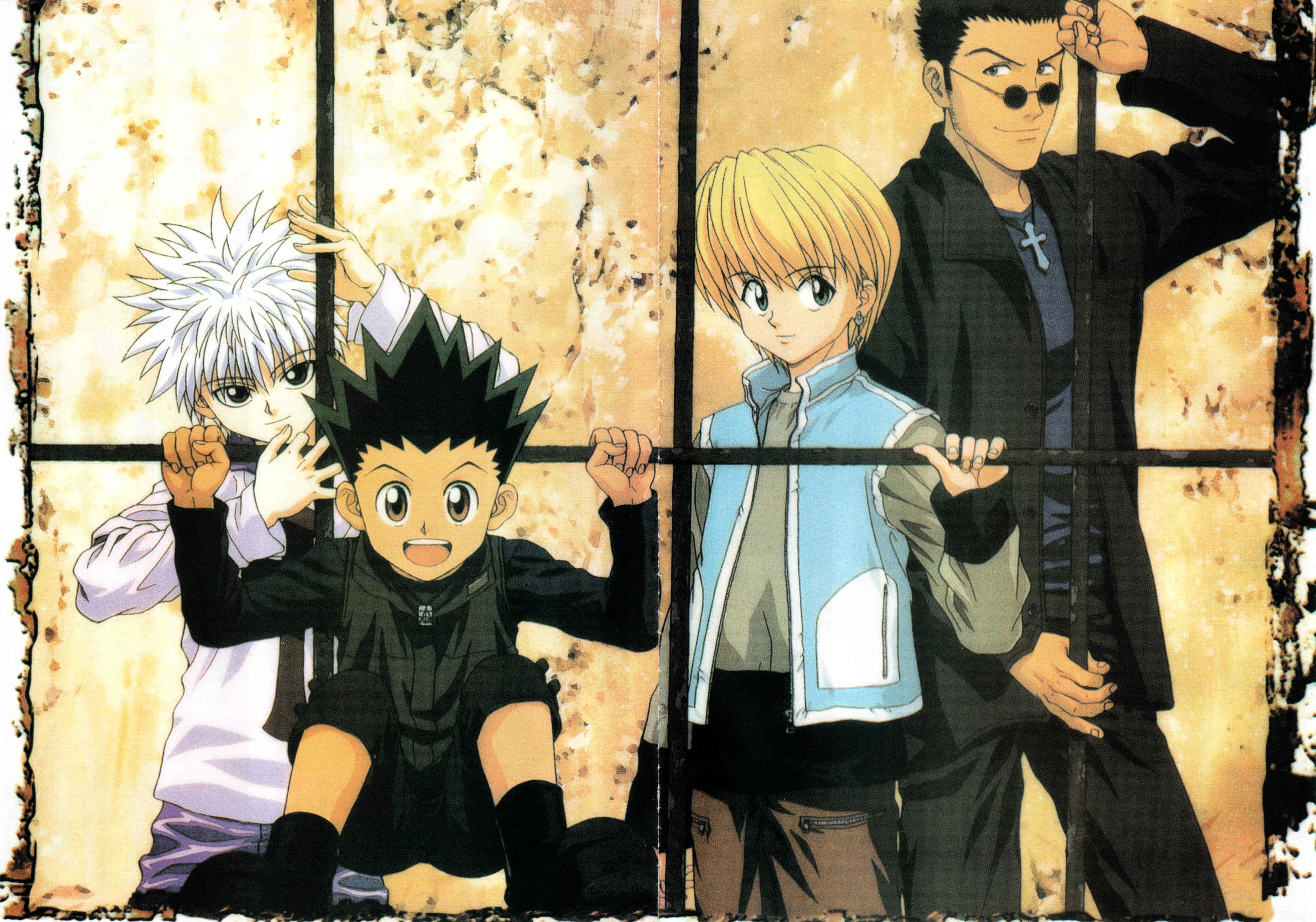 Leorio Paradinight 桌布 壁紙 — 四個動漫角色靠在生鏽的窗框上，倚著有紋理的黃色牆壁。