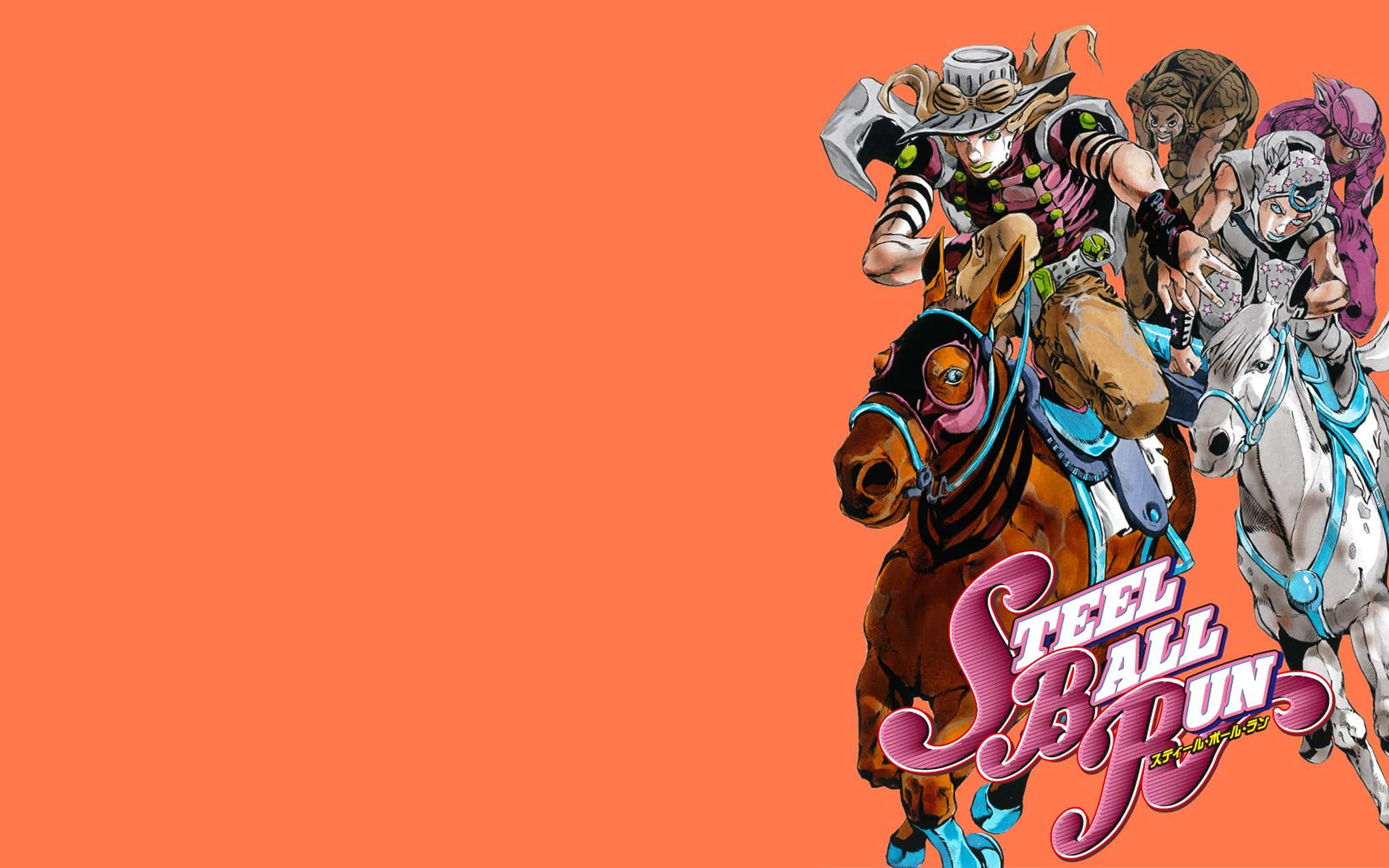 Jojo Steel Ball Run 桌布 壁紙 — 四個動漫角色騎著馬，背景為純橙色，帶有「Steel Ball Run」標誌。