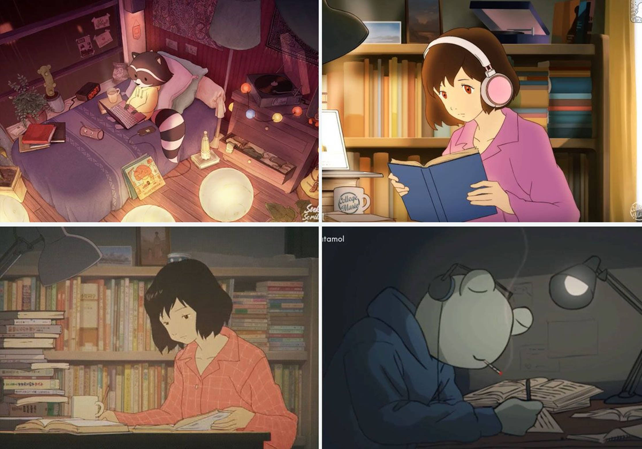 Ghibli 桌布 壁紙 — 四個動漫風格場景顯示角色在夜間於舒適、溫暖照明的房間內學習或閱讀。