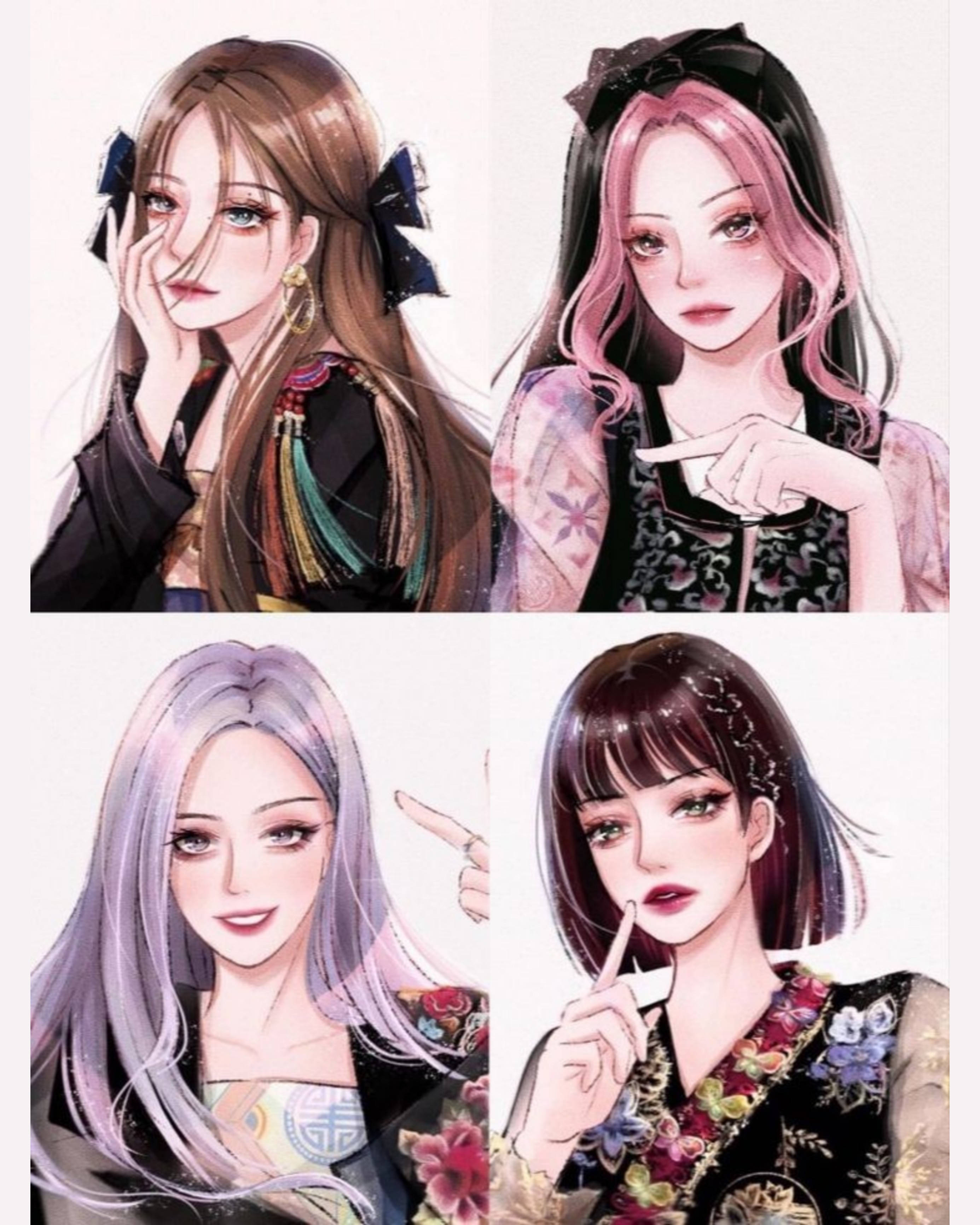 Blackpink Cute 桌布 壁紙 — 四個動漫風格女孩，擁有色彩繽紛的頭髮和富有表情的眼睛，在白色背景前擺出俏皮的姿勢。
