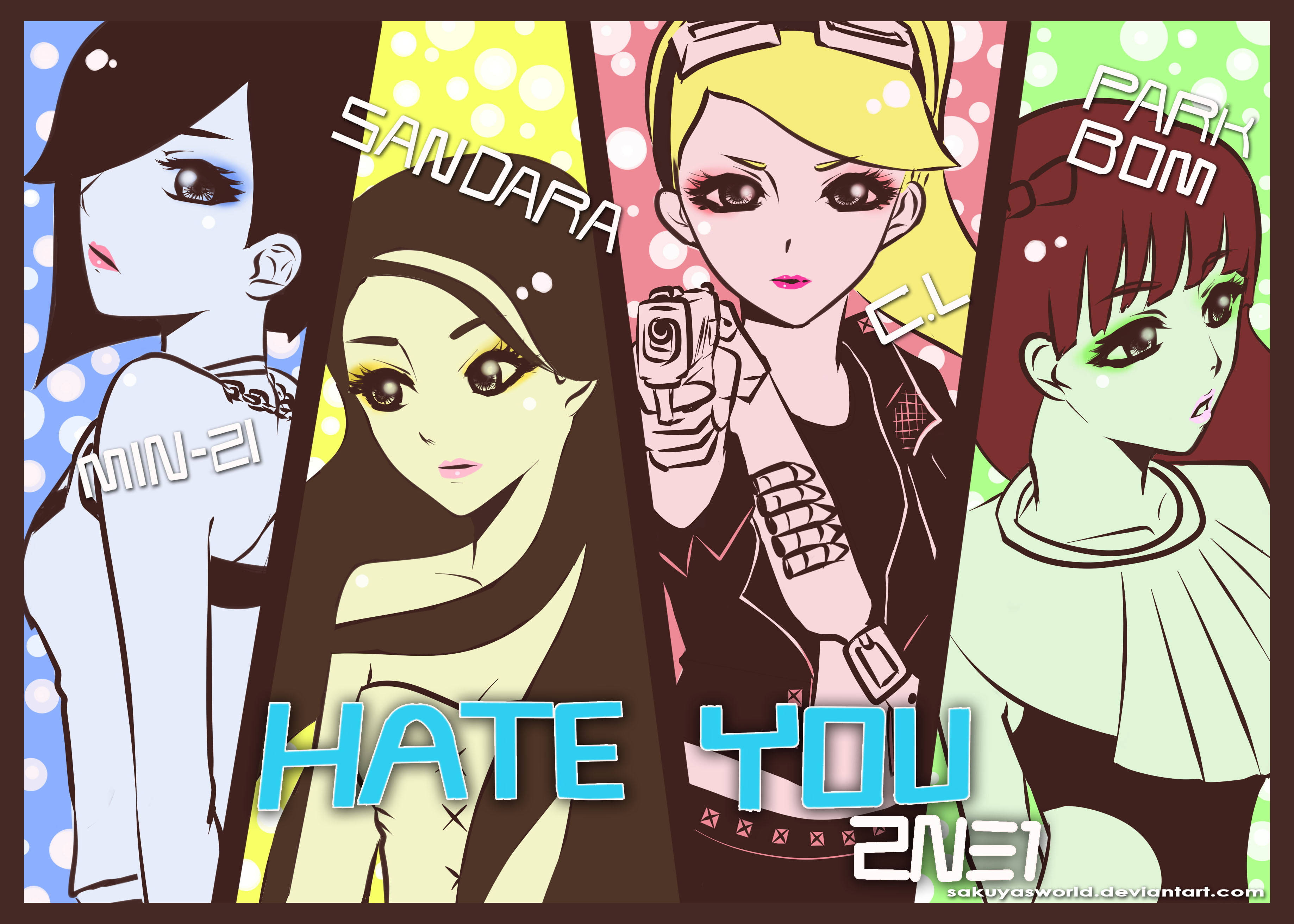 2ne1 桌布 壁紙 — 四個動漫風格女性角色在鮮豔色塊中，底部有「HATE YOU」文字。