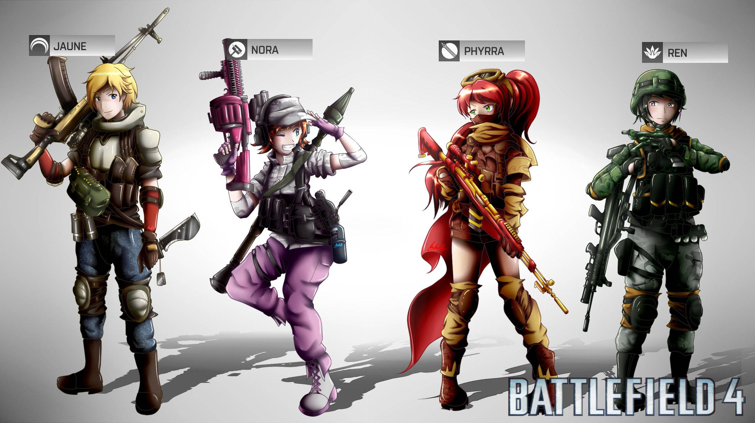 Rwby 桌布 壁紙 — 四個動漫風格的女兵穿著戰鬥裝備，在純灰色背景前手持槍械擺姿勢。