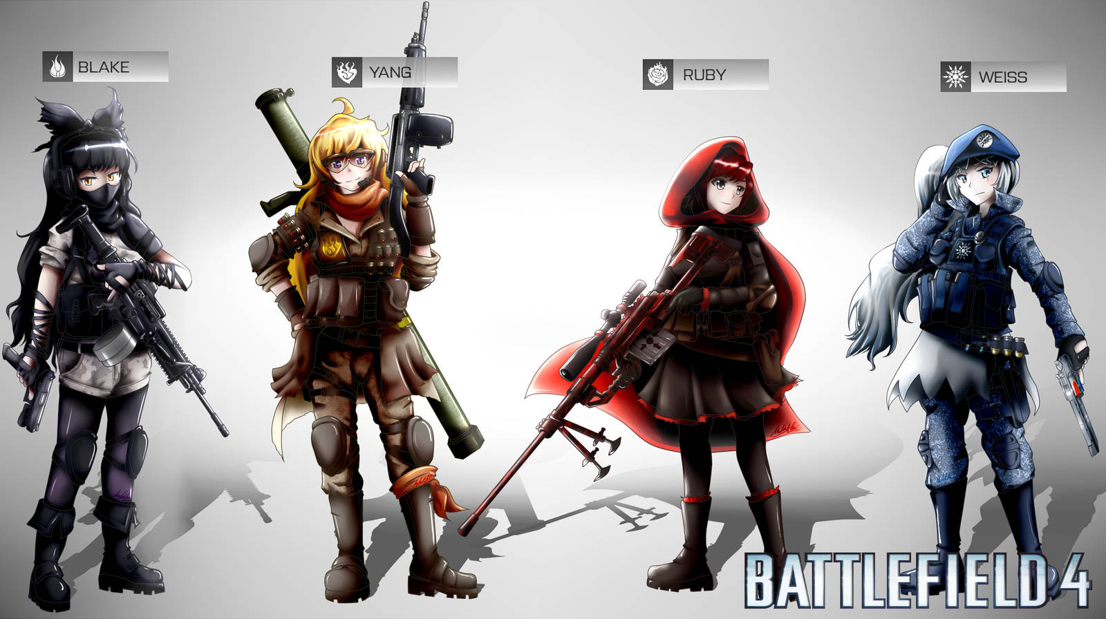 Rwby 桌布 壁紙 — 四個動漫風格的女兵穿著戰鬥裝備站在灰色背景前，每人手持槍械，上方有角色名稱。