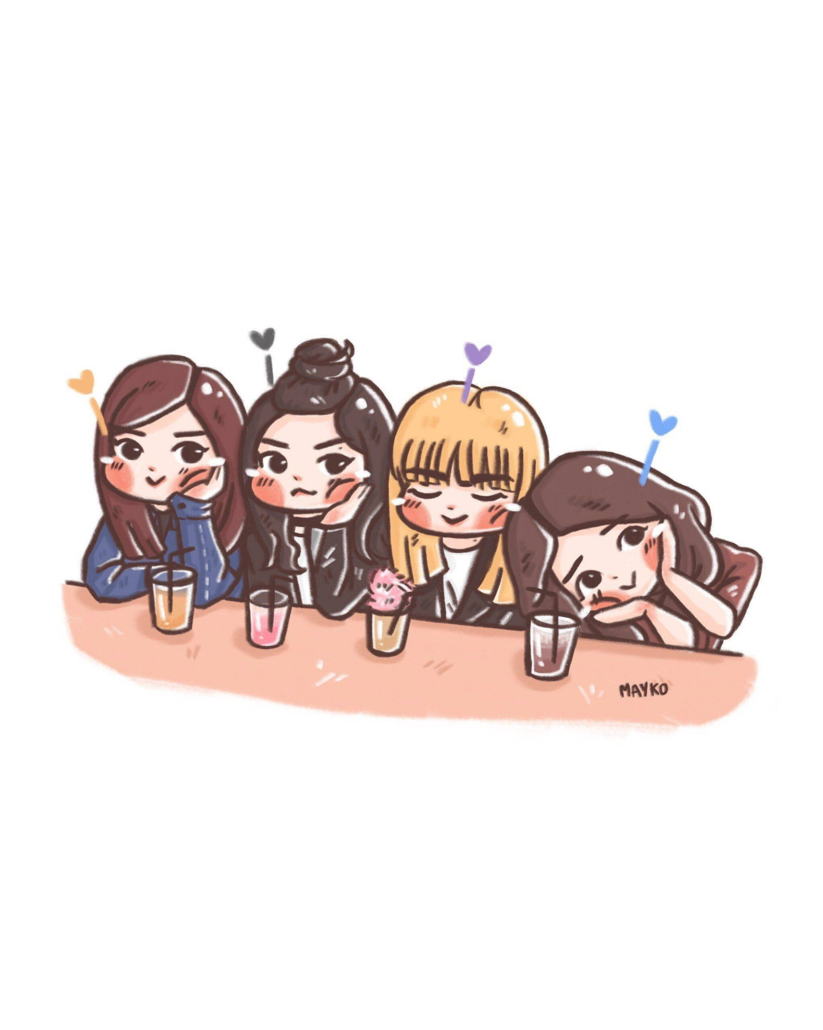 Blackpink Cute 桌布 壁紙 — 四個動漫風格的女孩子，表情各異，坐在一張有飲料和冰淇淋的桌子旁。