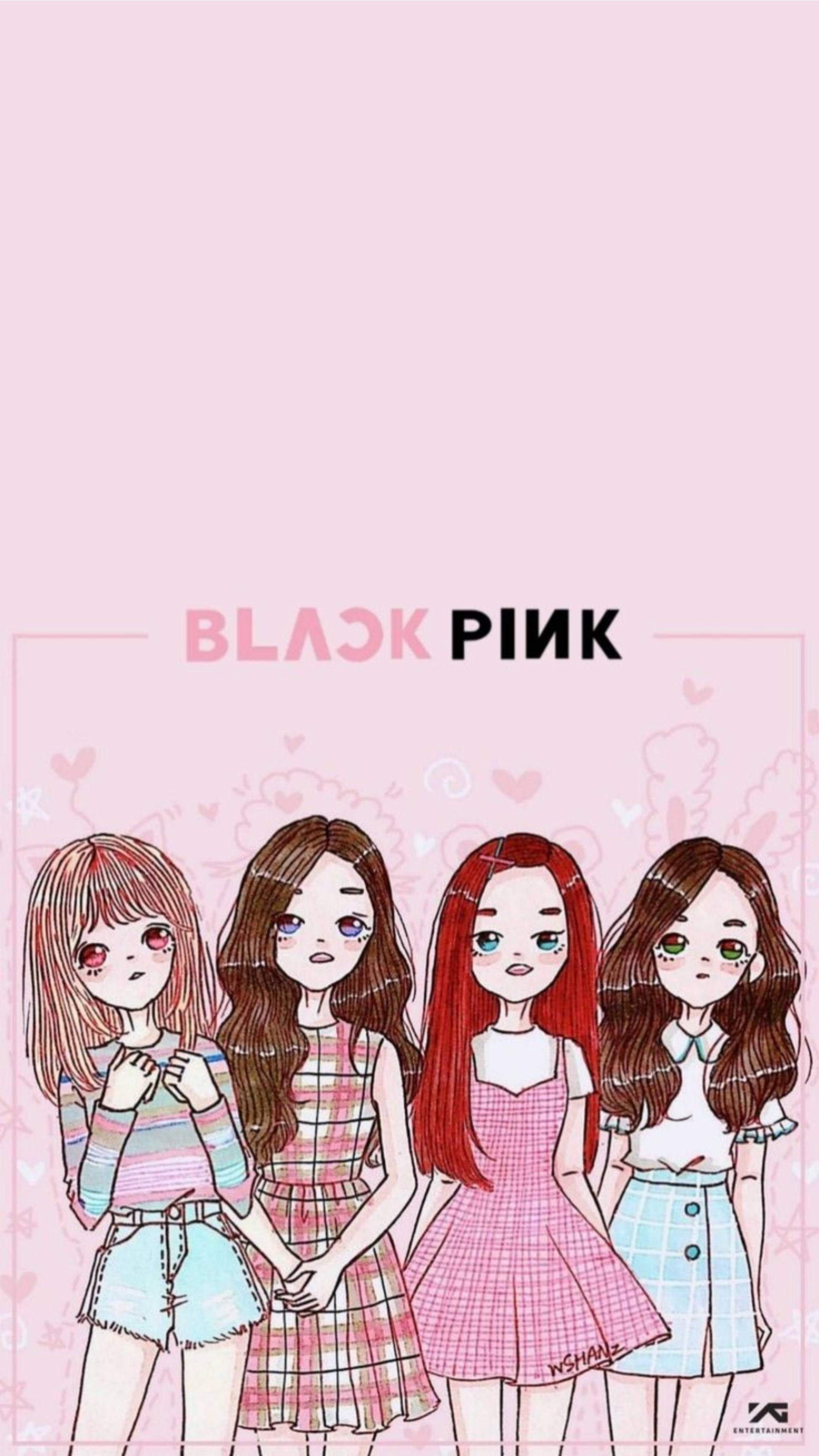 BLACKPINK 桌布 壁紙 — 四個動漫風格的女孩穿著粉彩服裝，站在一個柔和的粉紅色背景前，背景有心形和文字 BLACK PINK。