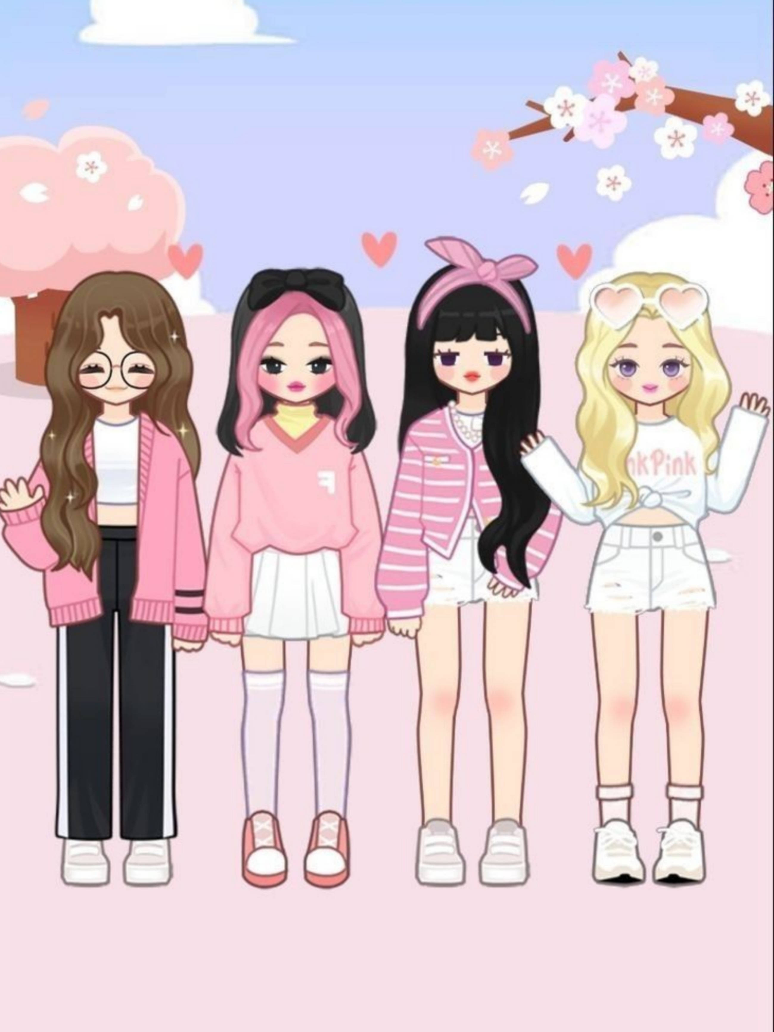 BLACKPINK 桌布 壁紙 — 四個動漫風格的女孩穿著粉紅色服裝站在櫻花樹下，有心形圍繞著她們漂浮。