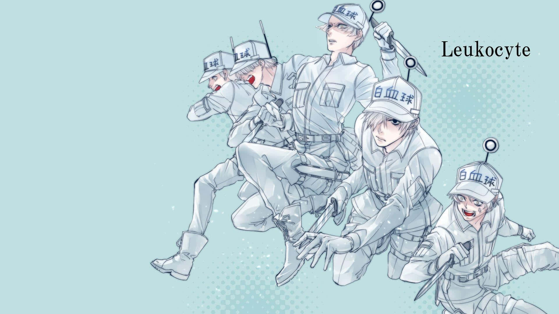 Cells At Work 桌布 壁紙 — 四個動漫風格的白血球士兵穿著制服，在淺藍色背景上動態擺姿勢。