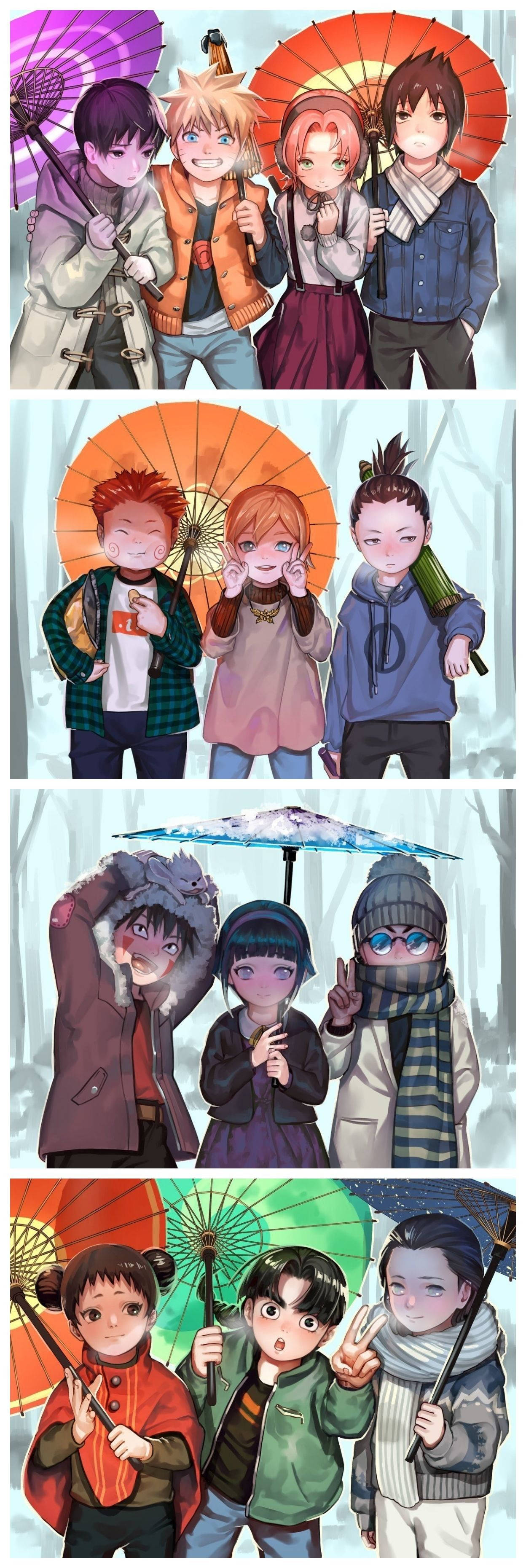 動漫 桌布 壁紙 — 四個動漫風格的青少年在下雪天氣中，愉快地擺姿勢，拿著彩色雨傘，穿著冬季外套和圍巾。