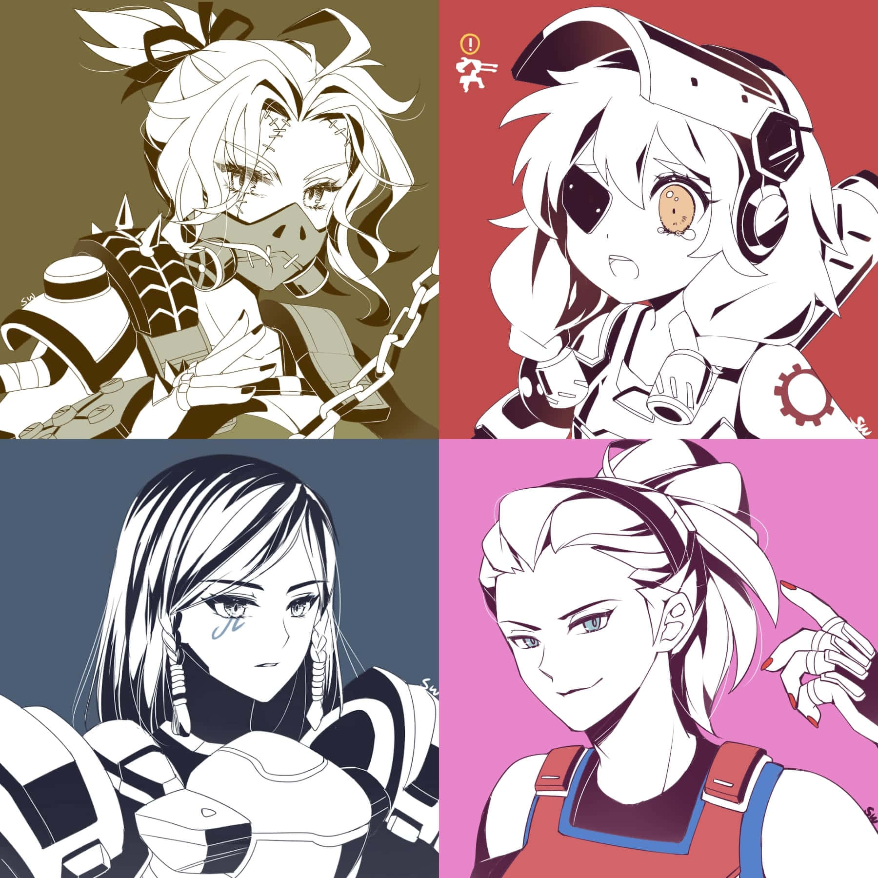 Overwatch Roadhog 桌布 壁紙 — 四個動漫風格角色，以單色和大膽色彩面板呈現，每個角色都擁有獨特的未來裝備和富有表現力的面孔。