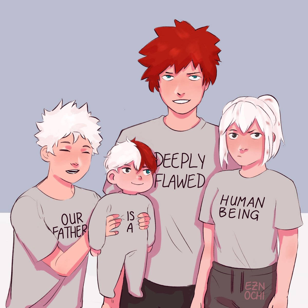 todoroki family 桌布 壁紙 — 四個動漫風格角色穿著相配的襯衫，上面寫著「我們的父親是一個有嚴重缺陷的人」，背景是純色的。