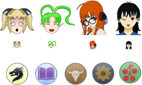 Discord 桌布 壁紙 — 四個動漫風格角色頭像和五個圓形圖標，包含龍、書、公牛、齒輪和櫻桃，背景為黑色。