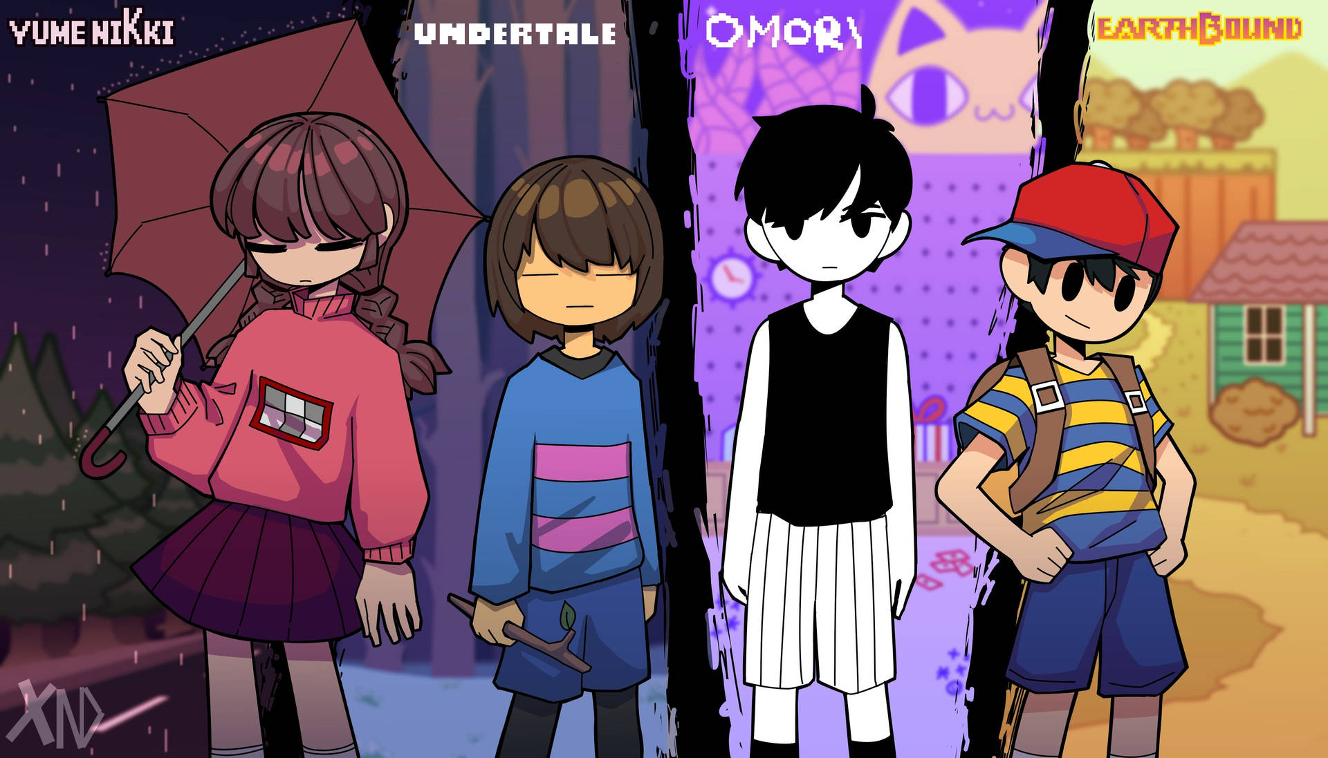 來自 Yume Nikki、Undertale、Omori 和 EarthBound 的四個動漫遊戲角色站在一起。 — Omori GIF 壁紙