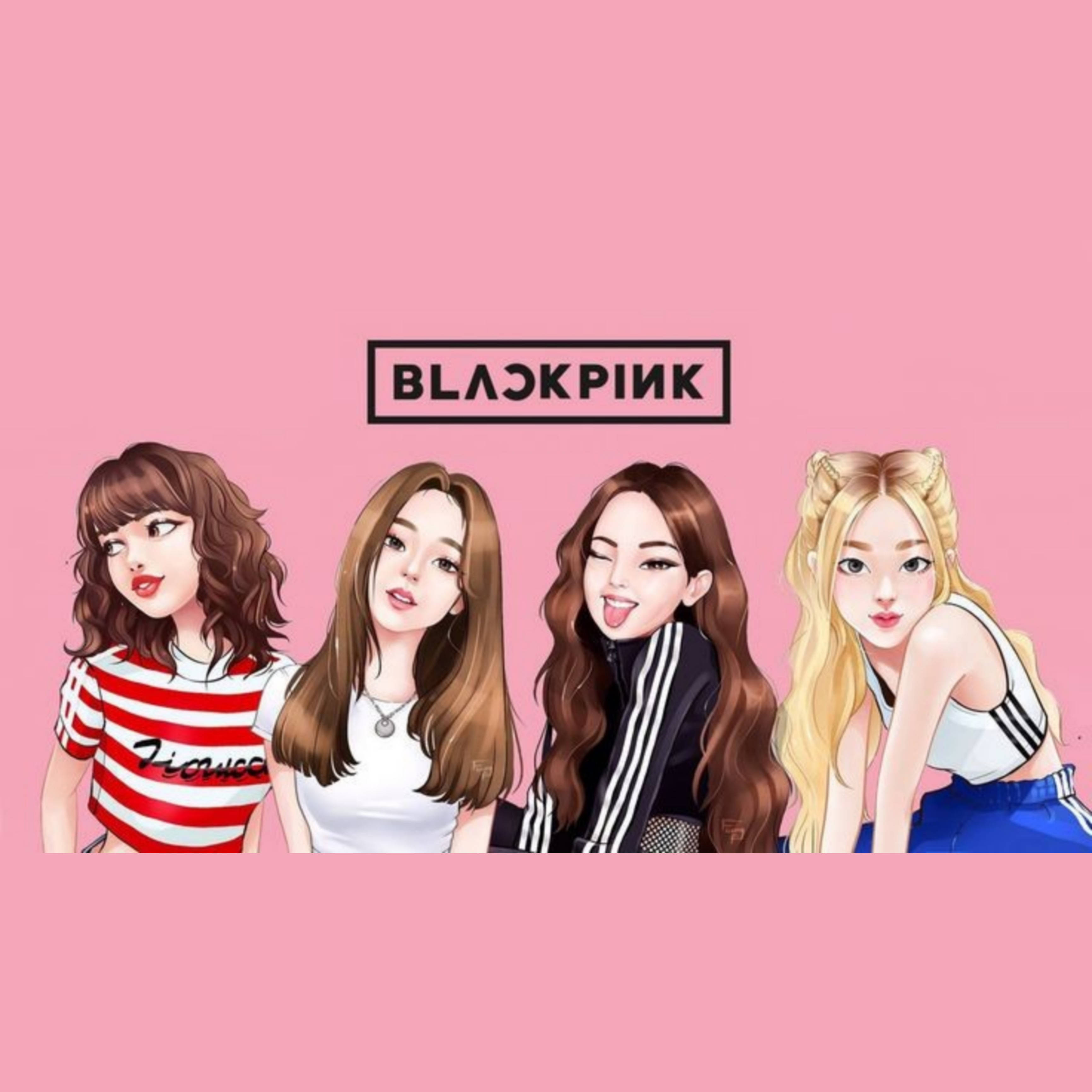 Blackpink Cute 桌布 壁紙 — 四個動畫K-pop偶像在純粉紅色背景前頑皮地擺姿勢，樂隊名稱'BLACKPINK'居中顯示在他們上方。
