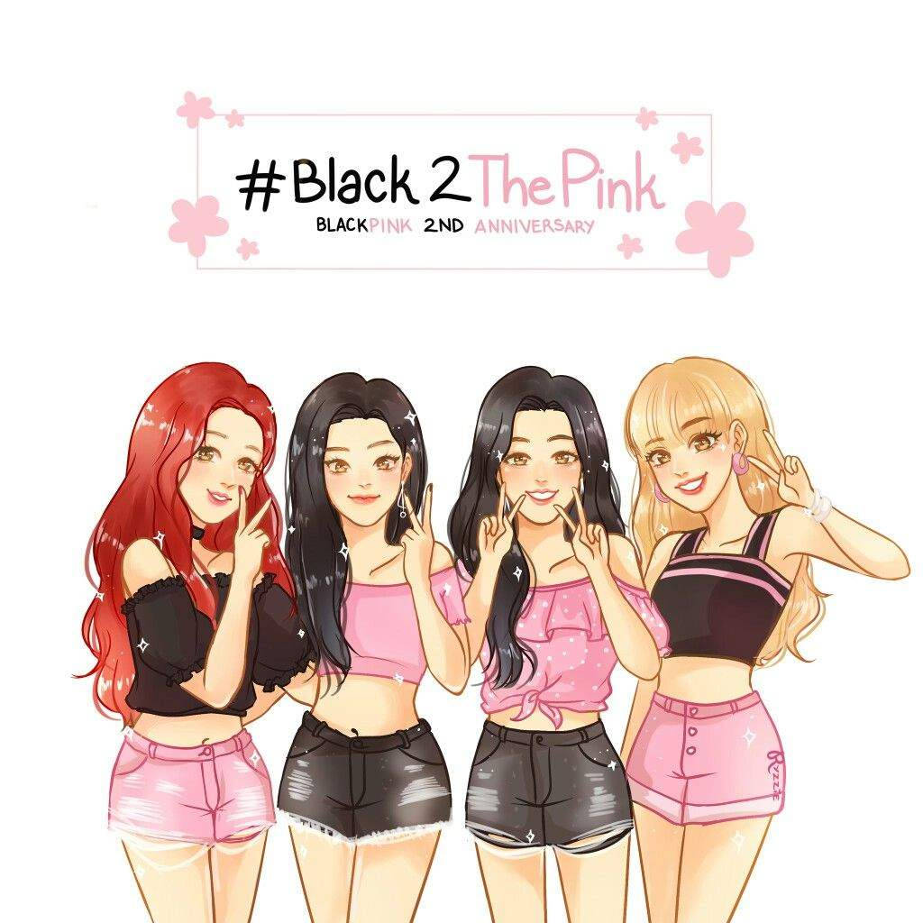 lisa blackpink 桌布 壁紙 — 四個動畫K-pop偶像穿著粉紅色和黑色服裝，在帶有花卉圖案的白色背景前開心地擺姿勢。