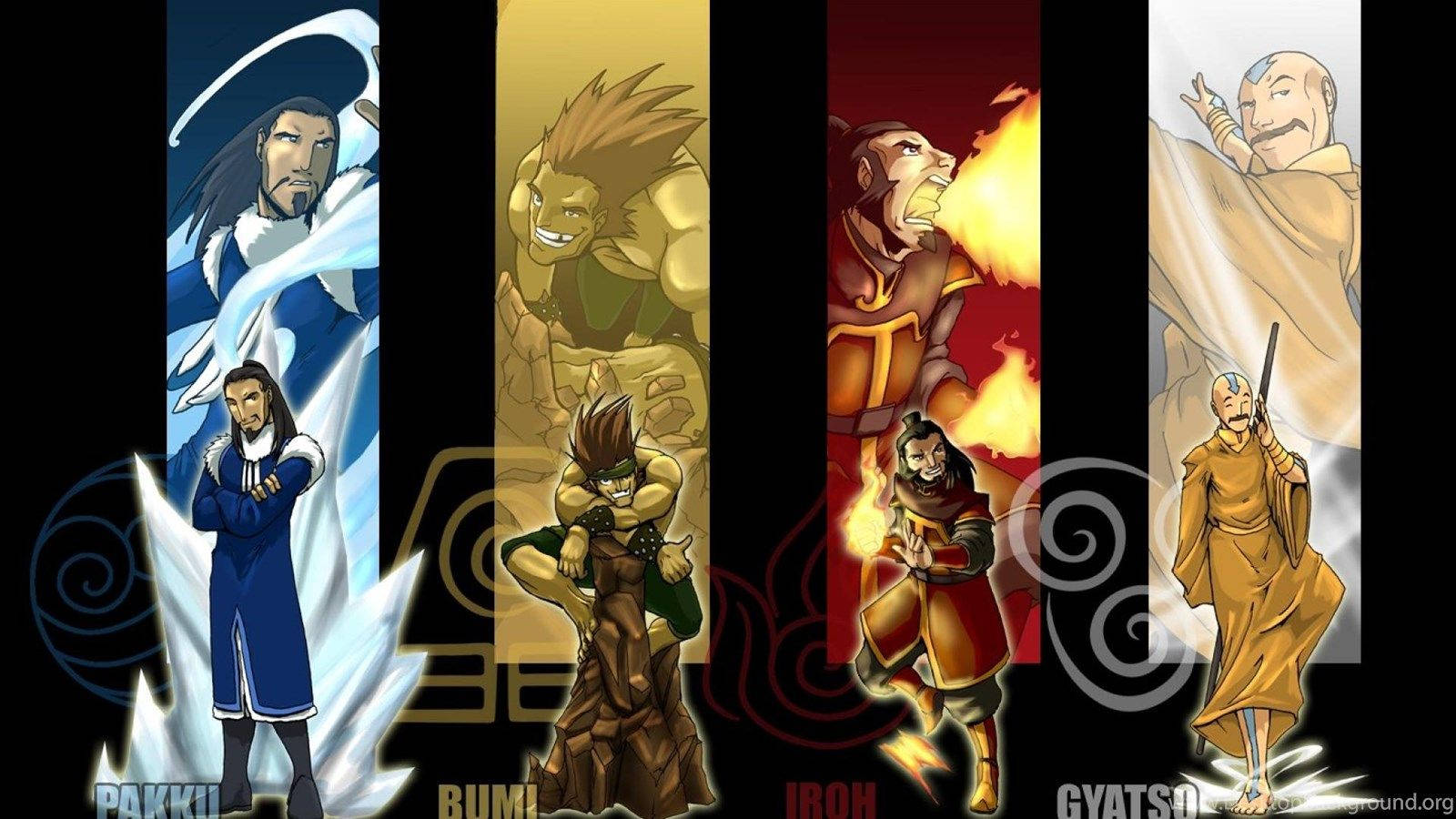 Airbender 桌布 壁紙 — 四個動畫化的阿凡達角色各自在黑色背景上的鮮豔垂直面板中引導元素力量。