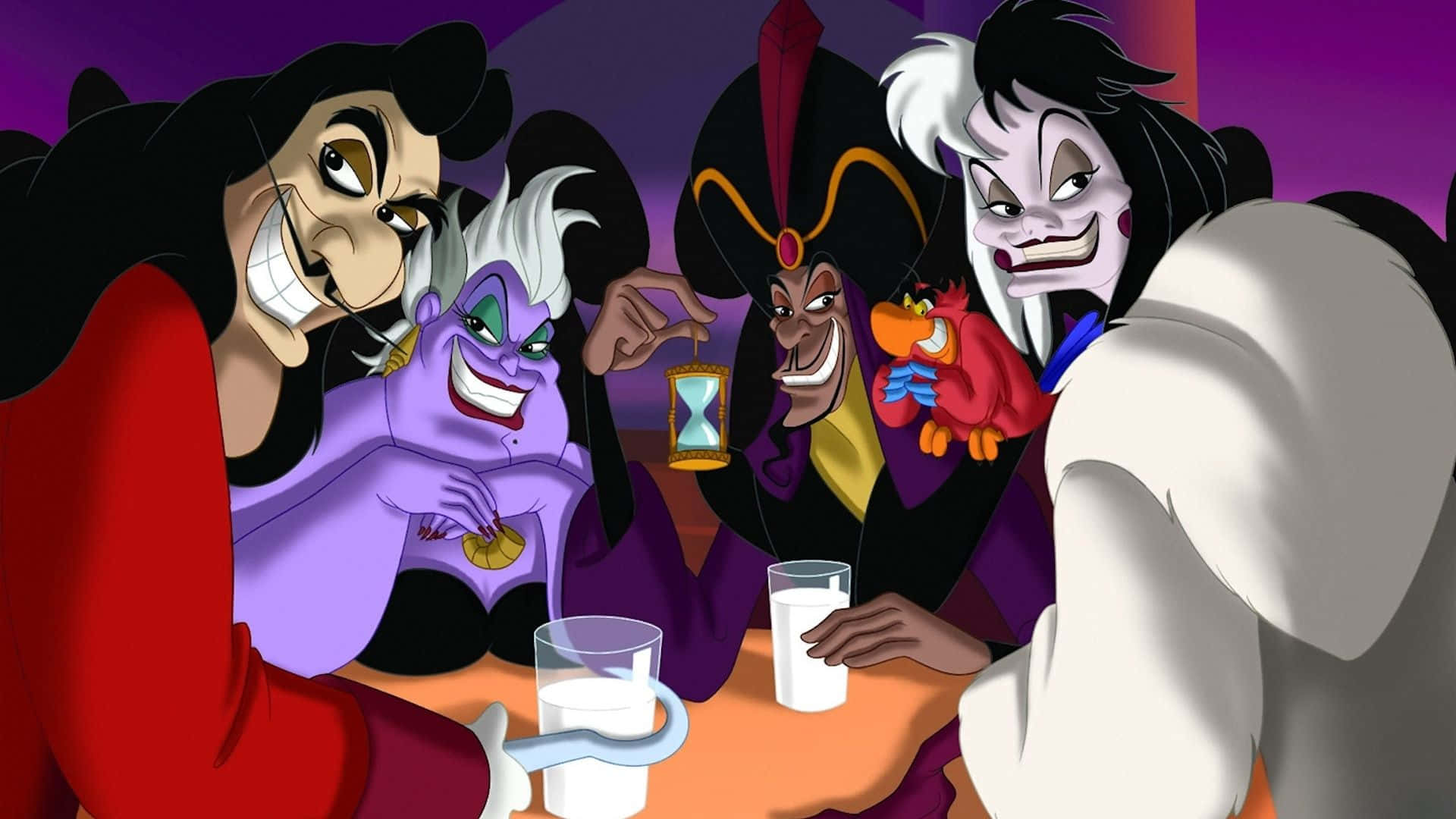 Cartoon Villains 桌布 壁紙 — 四個動畫反派圍著桌子，帶著飲料和沙漏狡黠地大笑。