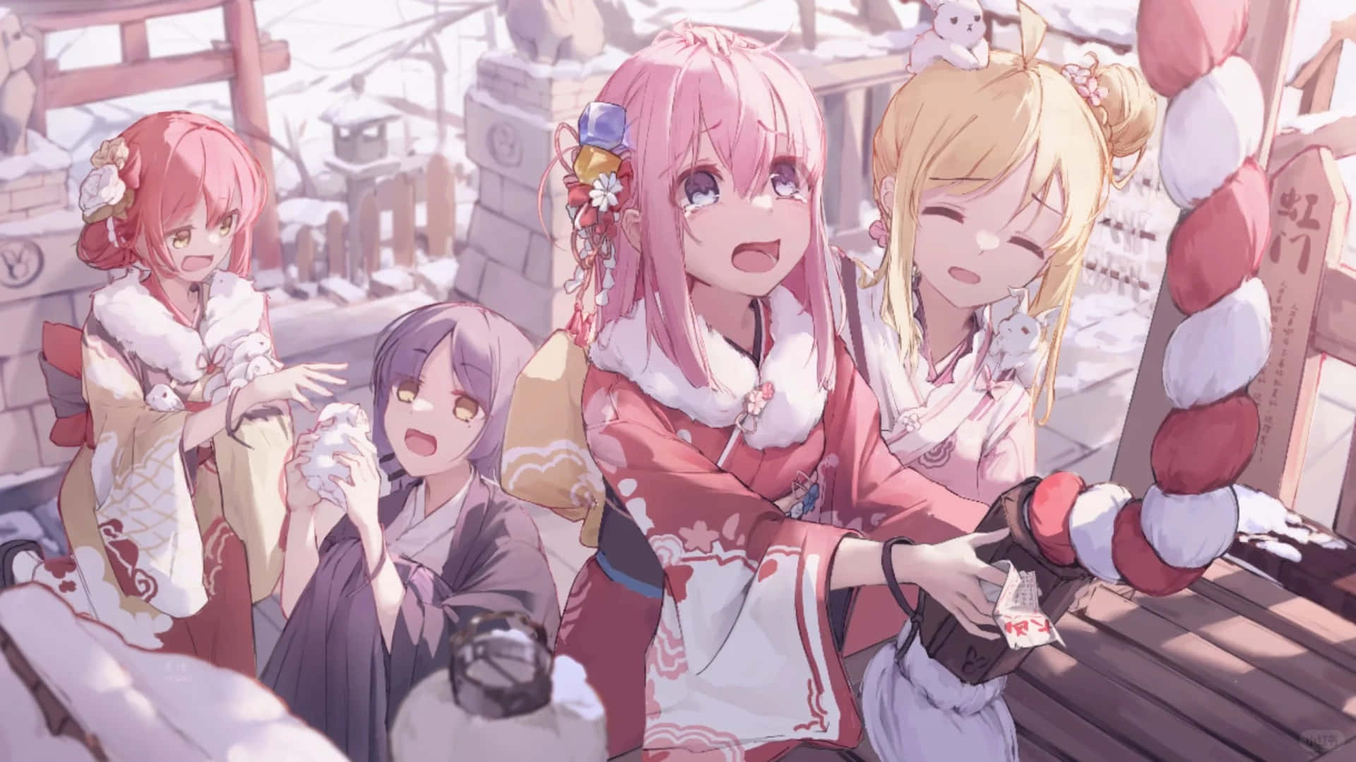 anime girl wallpaper /cute/4K 壁紙 — 四個動畫女孩穿著傳統日本冬季服裝，在雪覆蓋的神社附近與小白貓愉快互動。