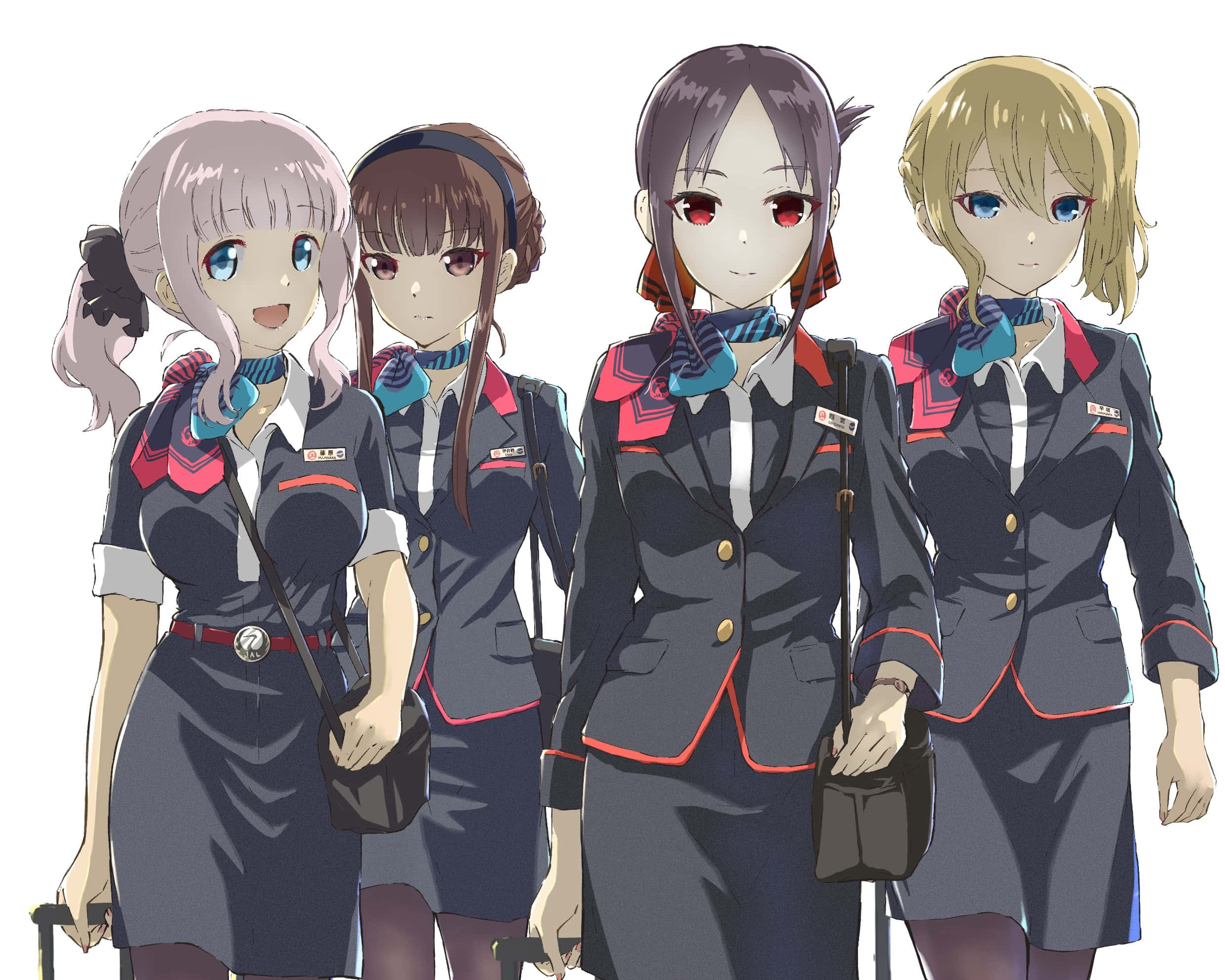 動漫 桌布 壁紙 — 四個動畫女孩穿著相配的深藍色制服，帶有紅色飾邊和藍色圍巾，一起站著拿著行李。