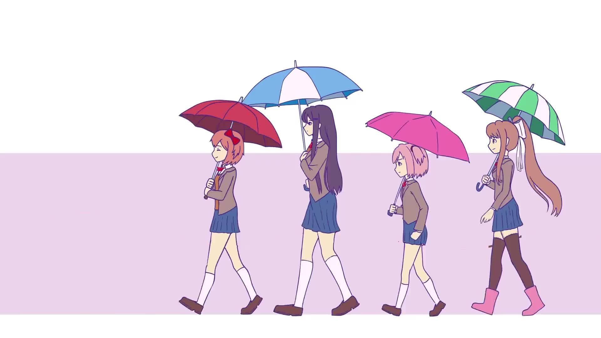 literature 桌布 壁紙 — 四個動畫女學生穿著校服並排行走，手持彩色雨傘，背景是柔和的薰衣草色。